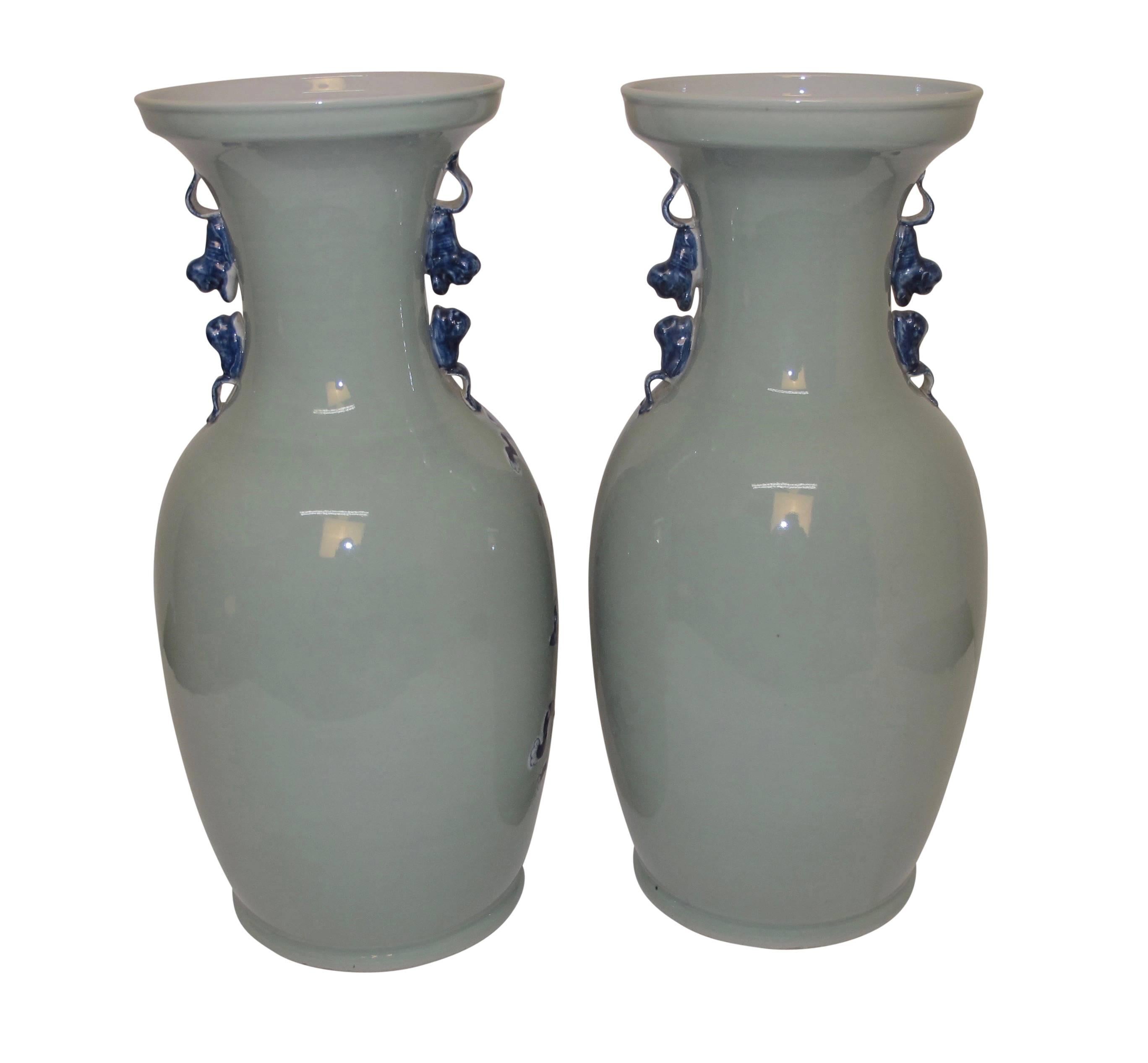 Pair of Celadon Vases with under Glaze Blue Scholar Symbols, 19th Century 4