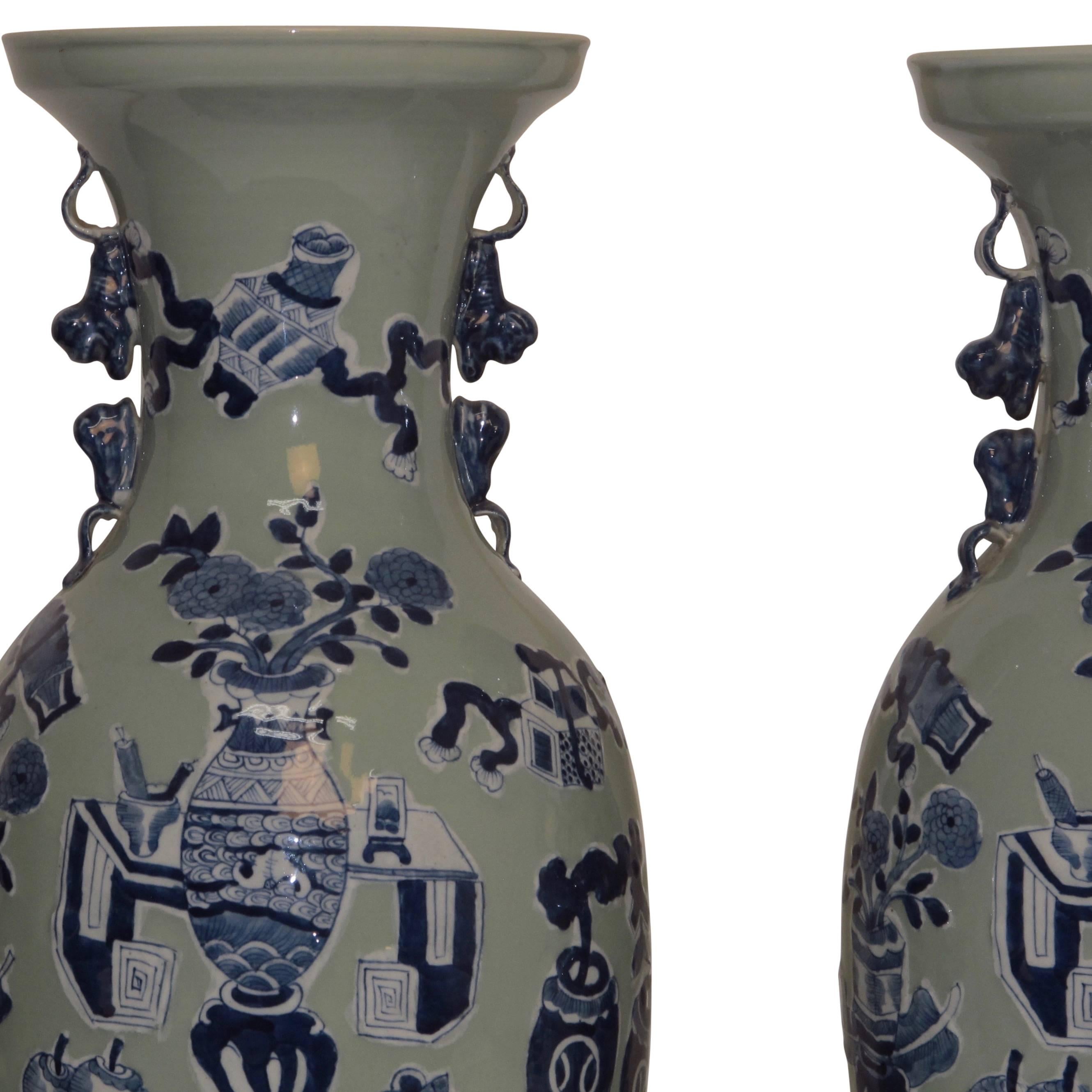 Chinese Pair of Celadon Vases with under Glaze Blue Scholar Symbols, 19th Century