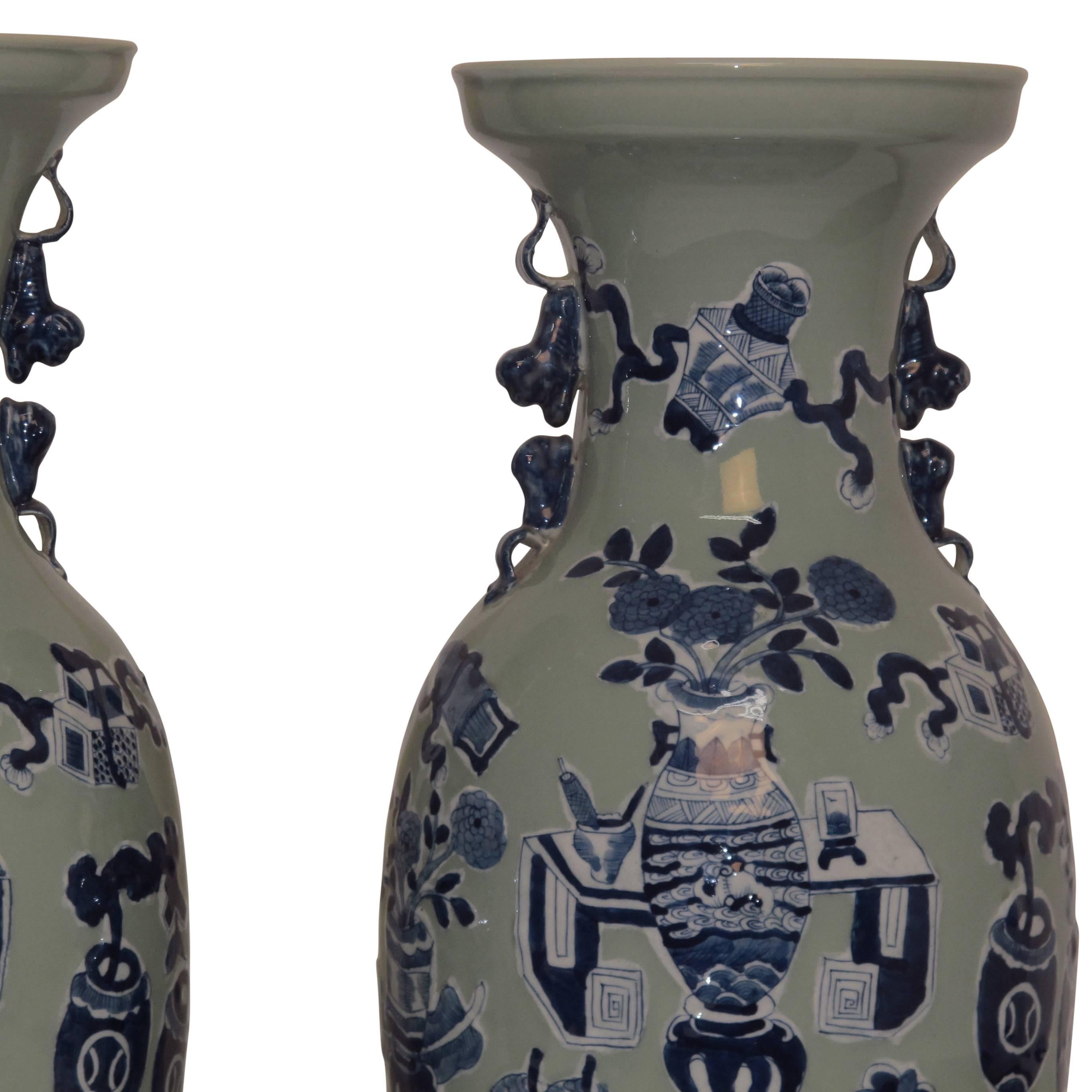 Hand-Painted Pair of Celadon Vases with under Glaze Blue Scholar Symbols, 19th Century