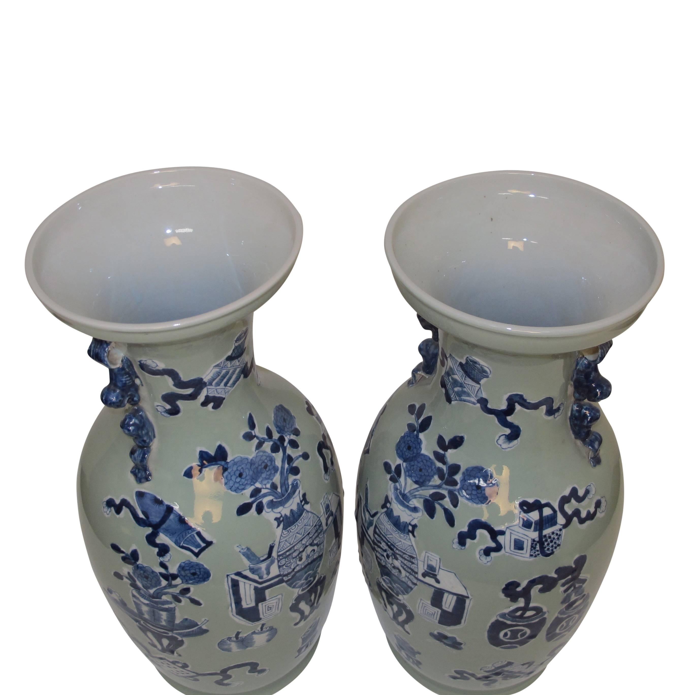 Pair of Celadon Vases with under Glaze Blue Scholar Symbols, 19th Century In Excellent Condition In San Francisco, CA