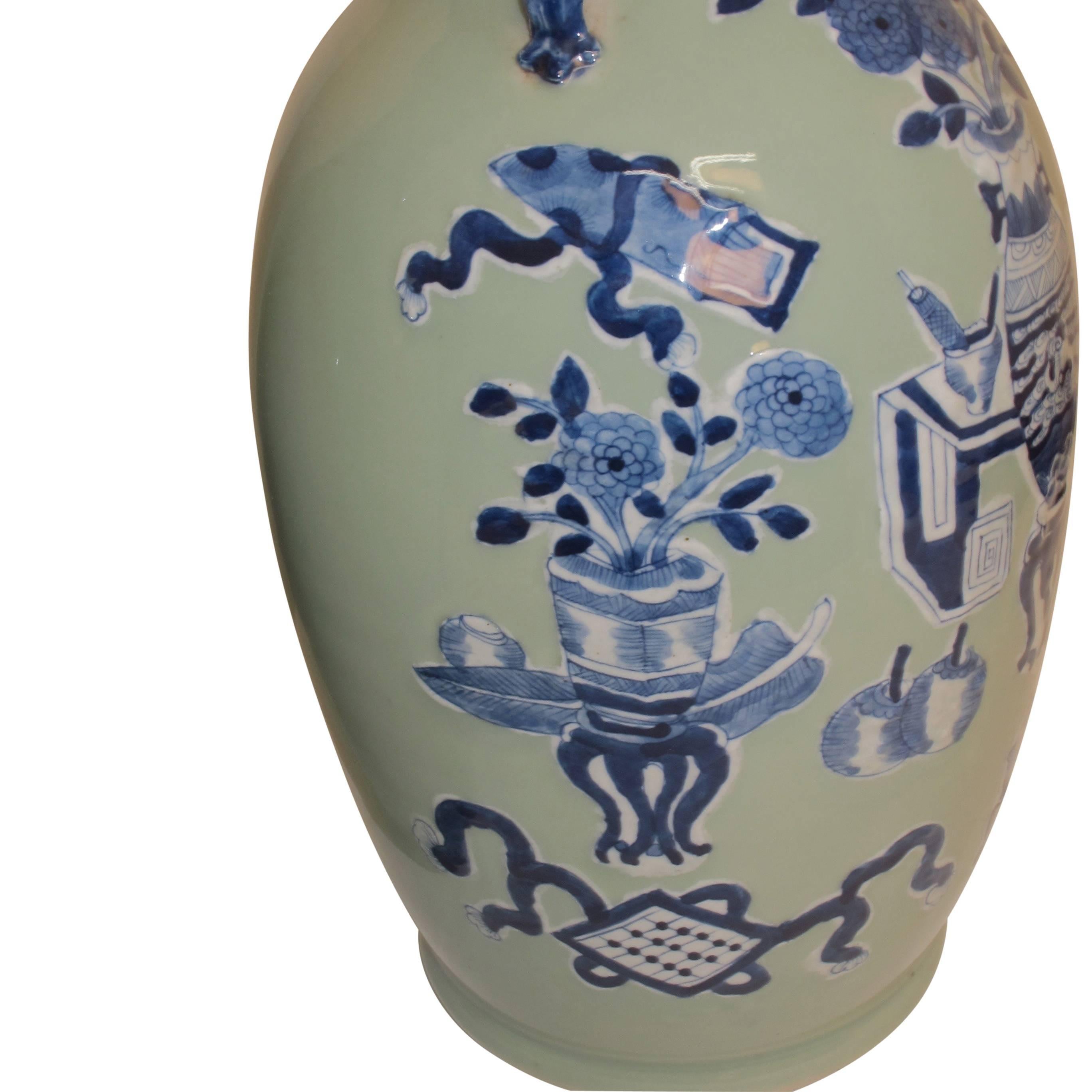 Pair of Celadon Vases with under Glaze Blue Scholar Symbols, 19th Century 2