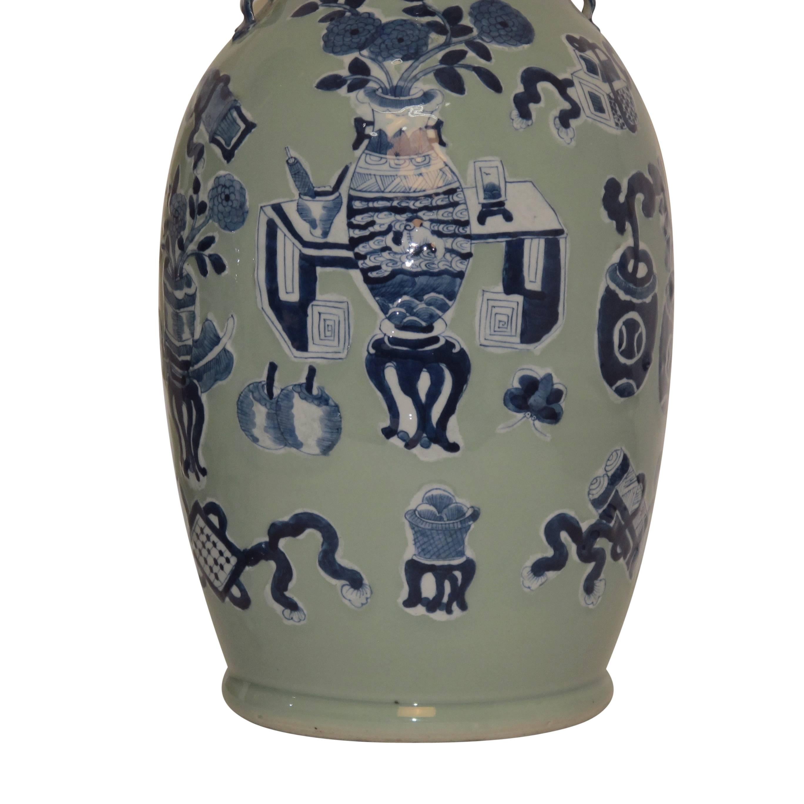 Pair of Celadon Vases with under Glaze Blue Scholar Symbols, 19th Century 3