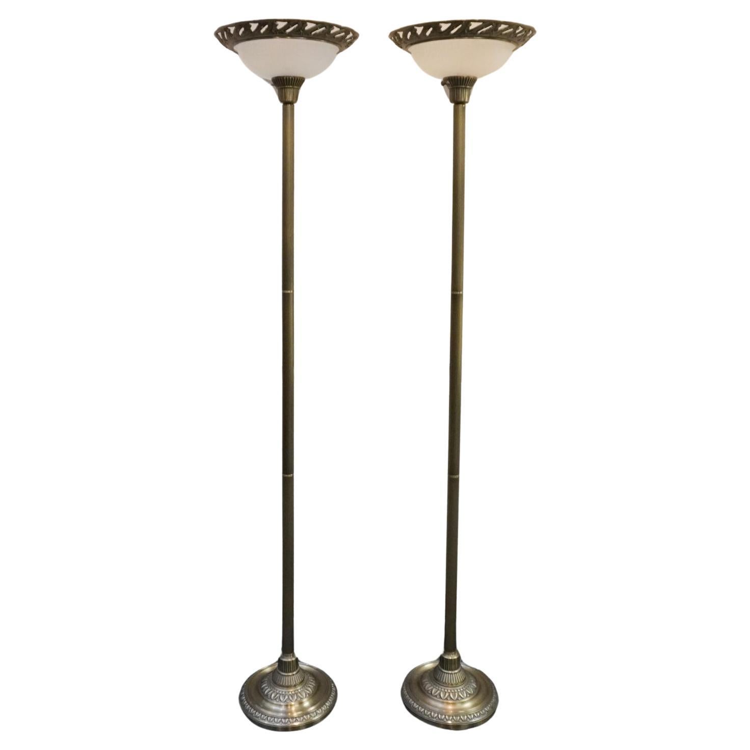 Pair Celina Regency Style Brass Torchiere Floor Lamps For Sale