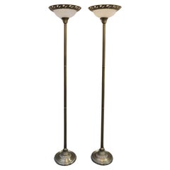 Retro Pair Celina Regency Style Brass Torchiere Floor Lamps