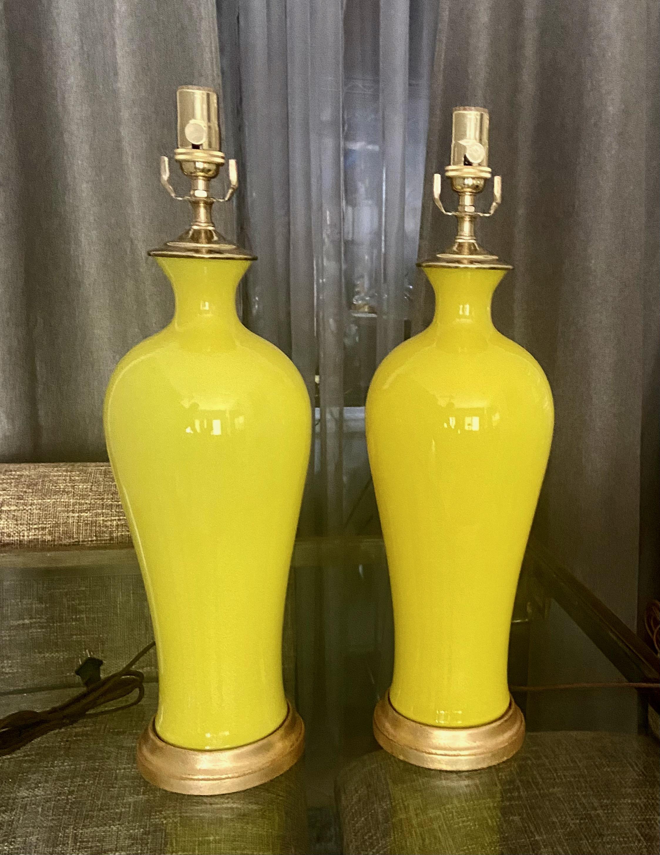 Italian Pair Cenedese Murano Bright Yellow Table Lamps For Sale