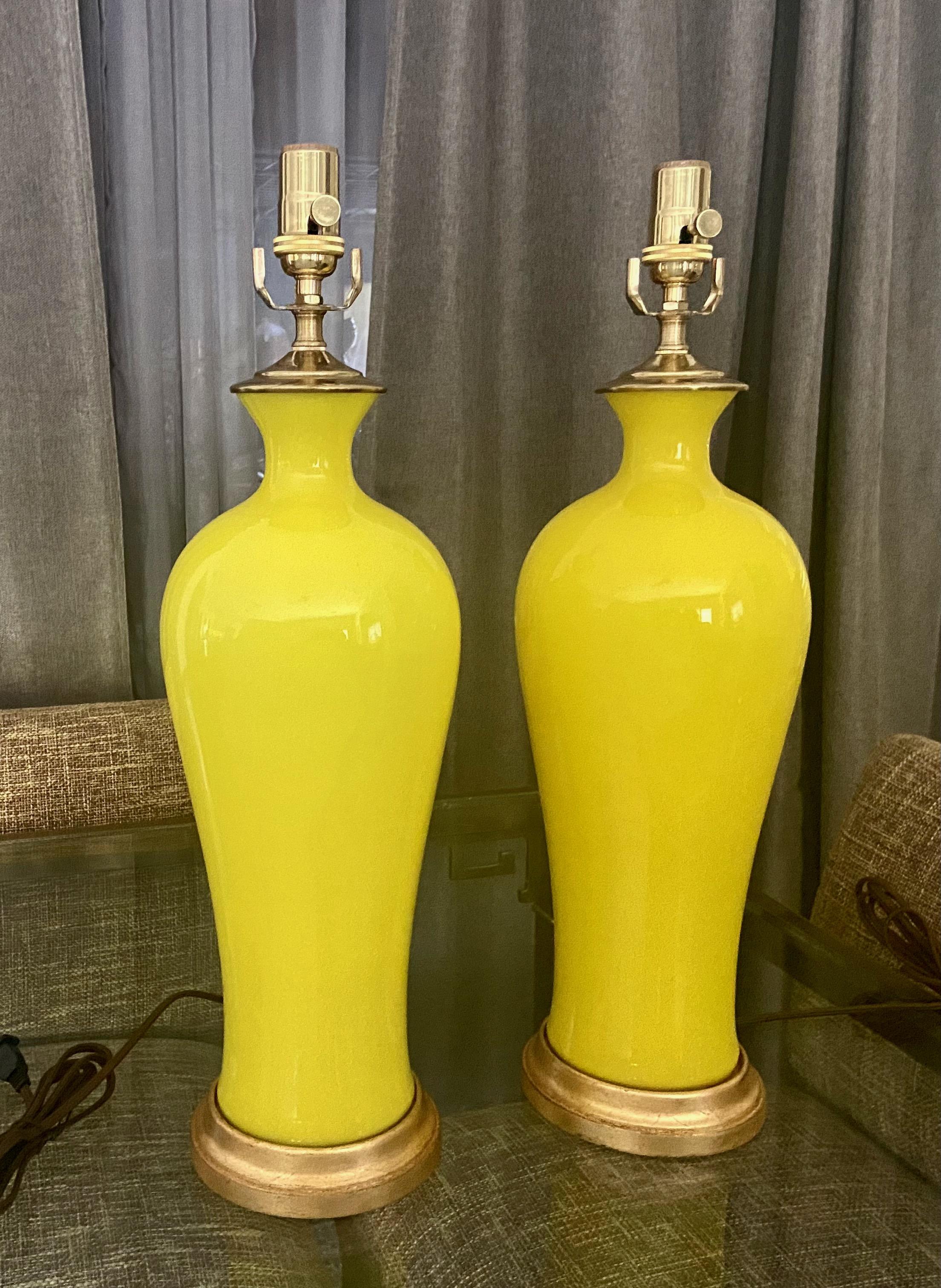 Brass Pair Cenedese Murano Bright Yellow Table Lamps For Sale
