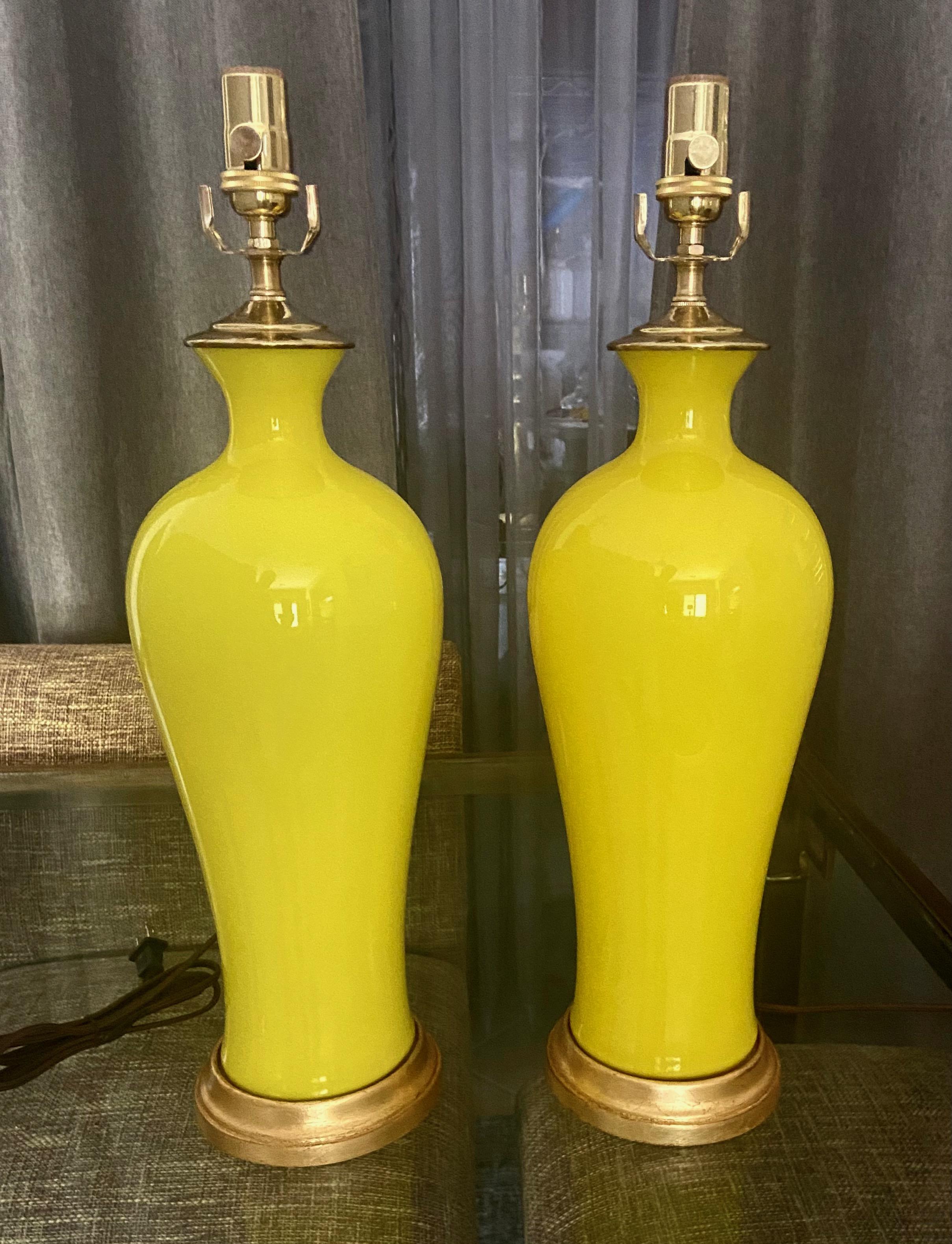 Pair Cenedese Murano Bright Yellow Table Lamps For Sale 1