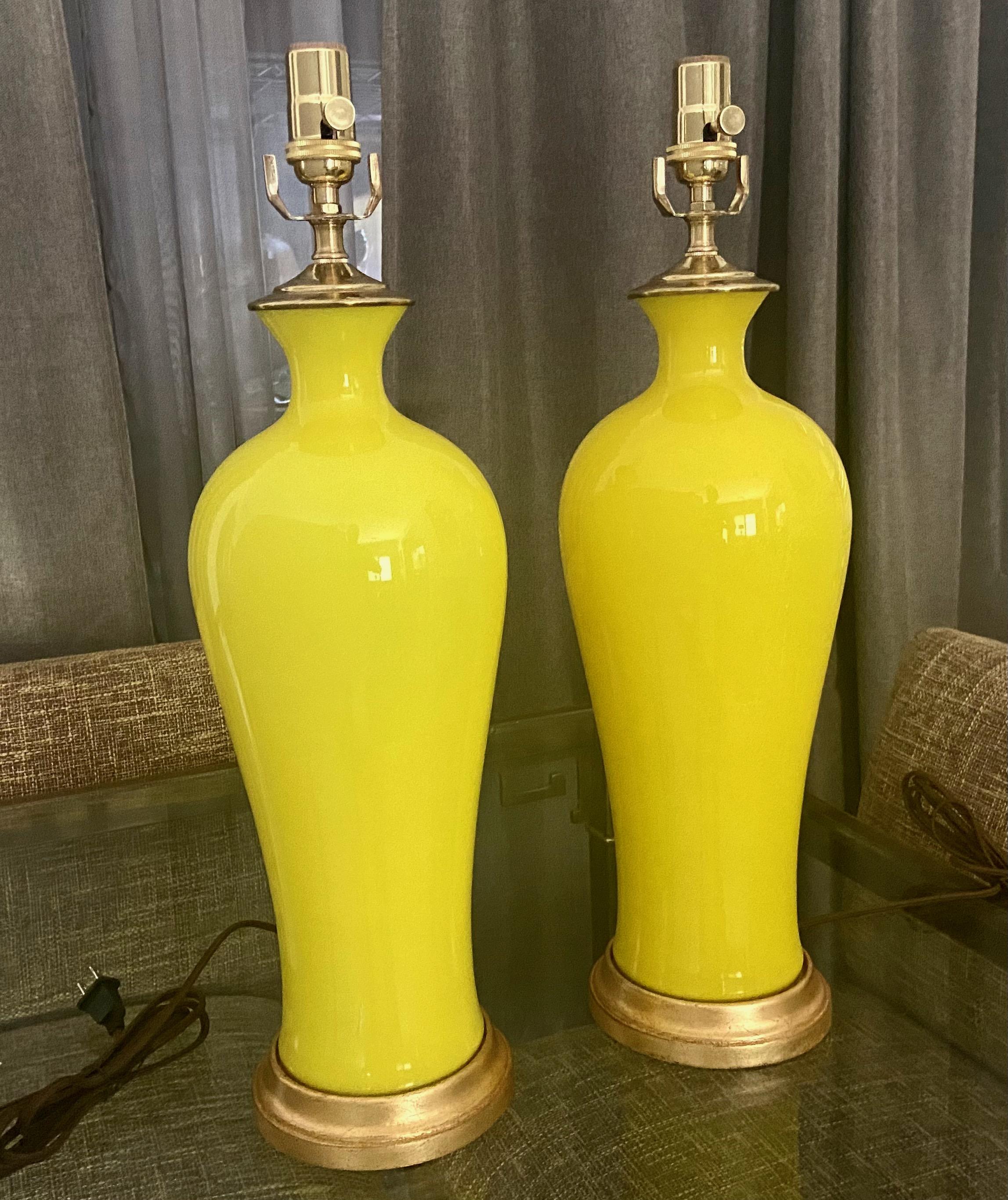 Pair Cenedese Murano Bright Yellow Table Lamps For Sale 2