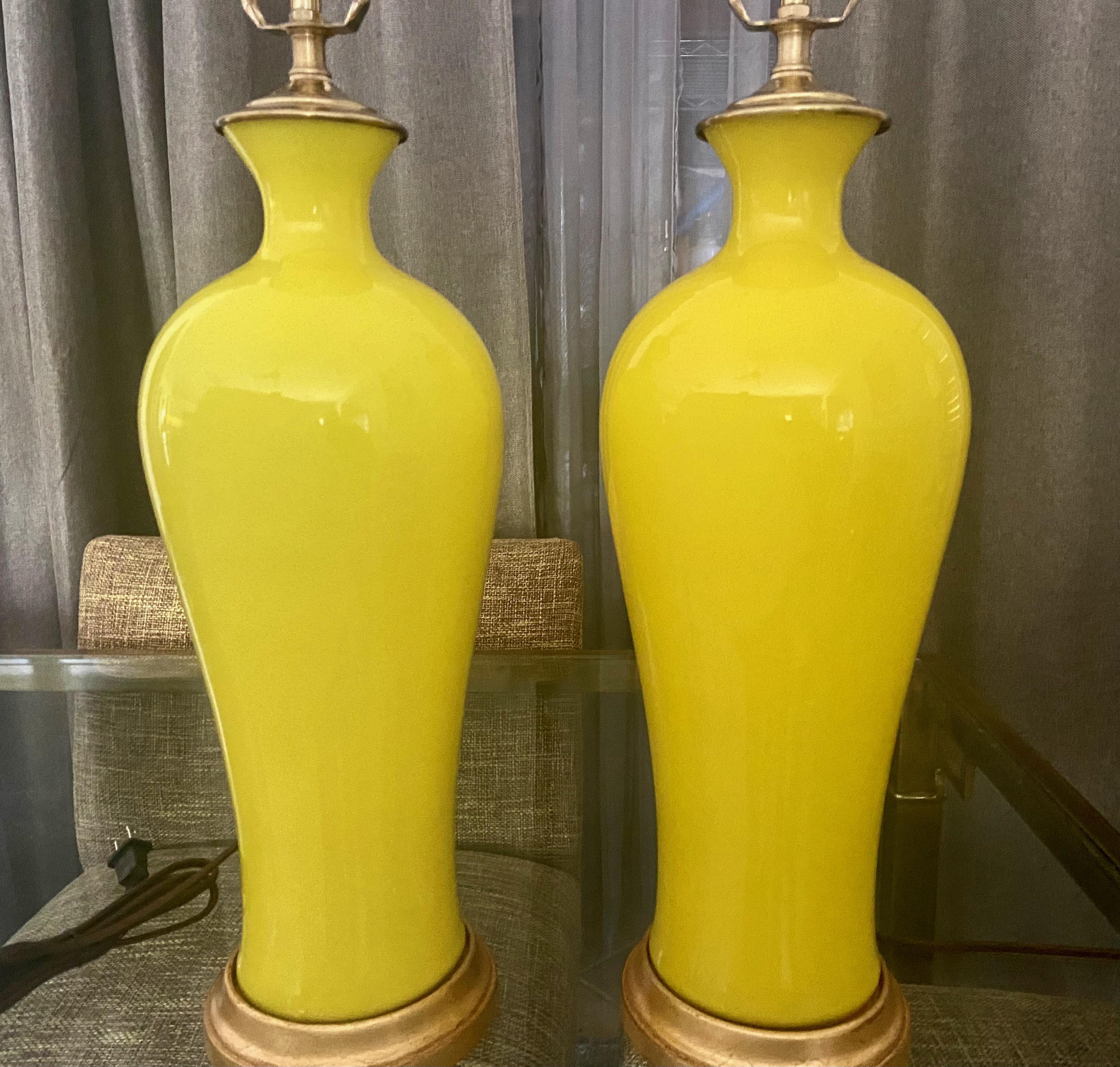 Pair Cenedese Murano Bright Yellow Table Lamps For Sale 3