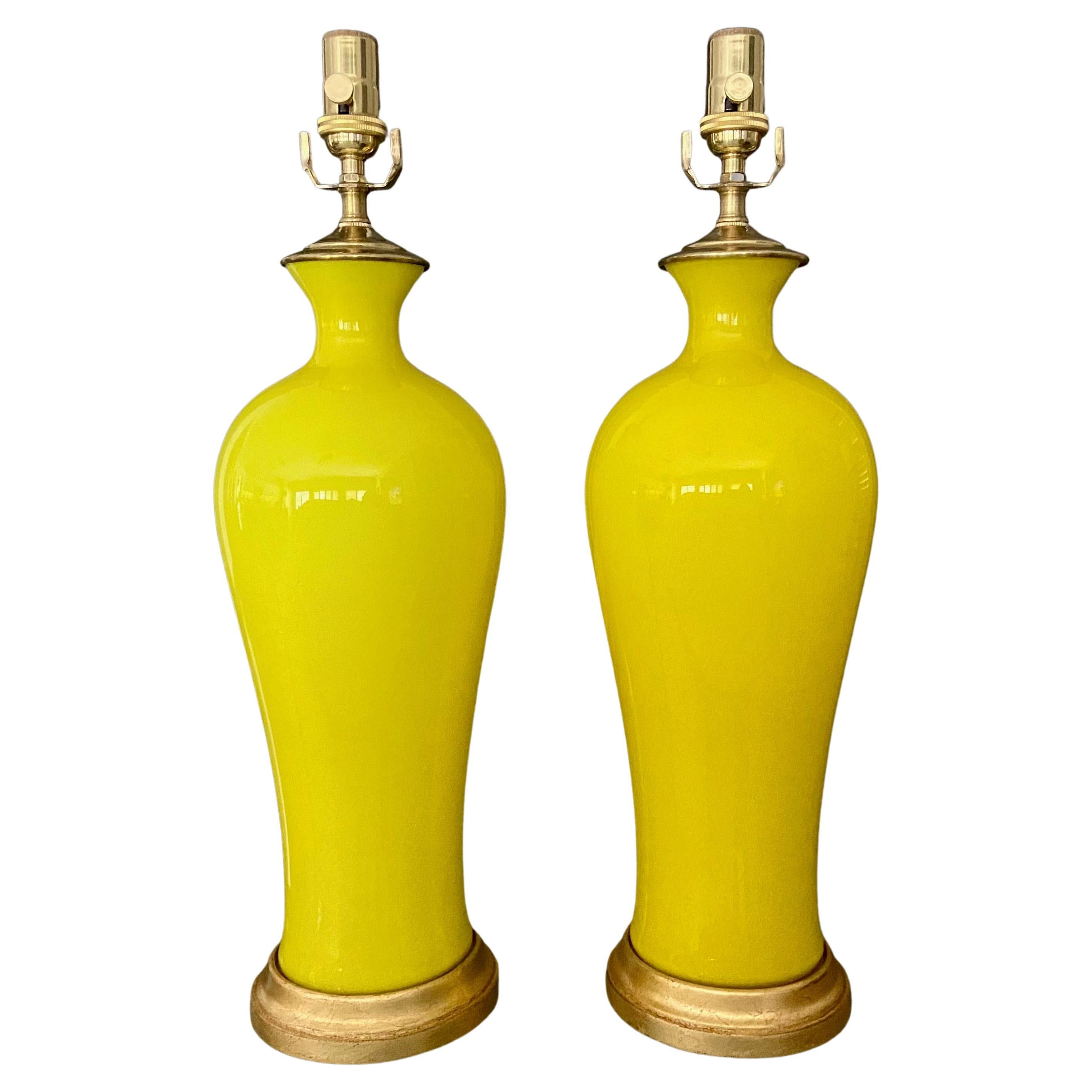 Pair Cenedese Murano Bright Yellow Table Lamps For Sale