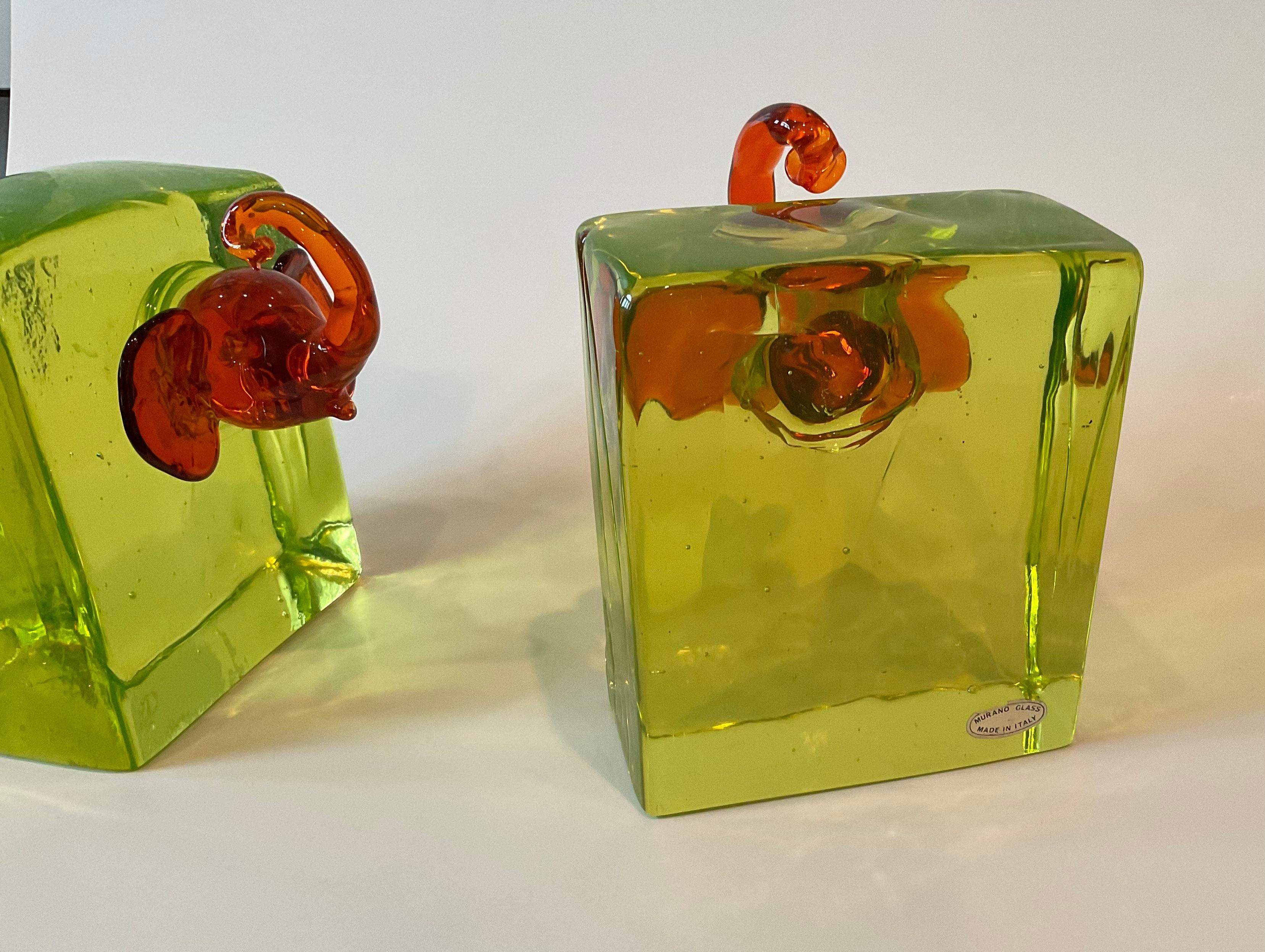 Mid-Century Modern Pair Cenedese Murano Vaseline Glass Bookends with Applied Elephant Decoration For Sale