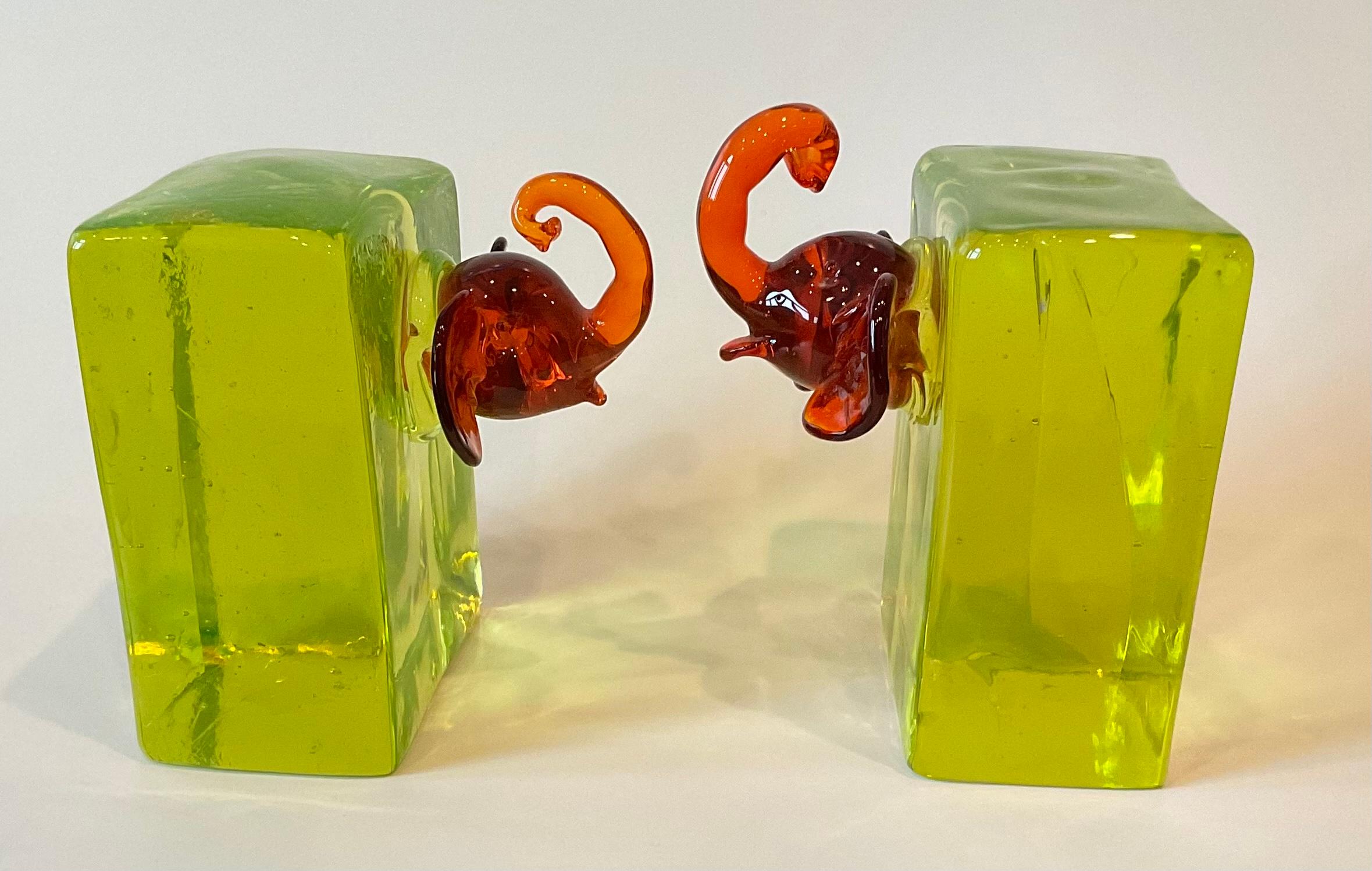Italian Pair Cenedese Murano Vaseline Glass Bookends with Applied Elephant Decoration For Sale