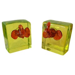 Vintage Pair Cenedese Murano Vaseline Glass Bookends with Applied Elephant Decoration