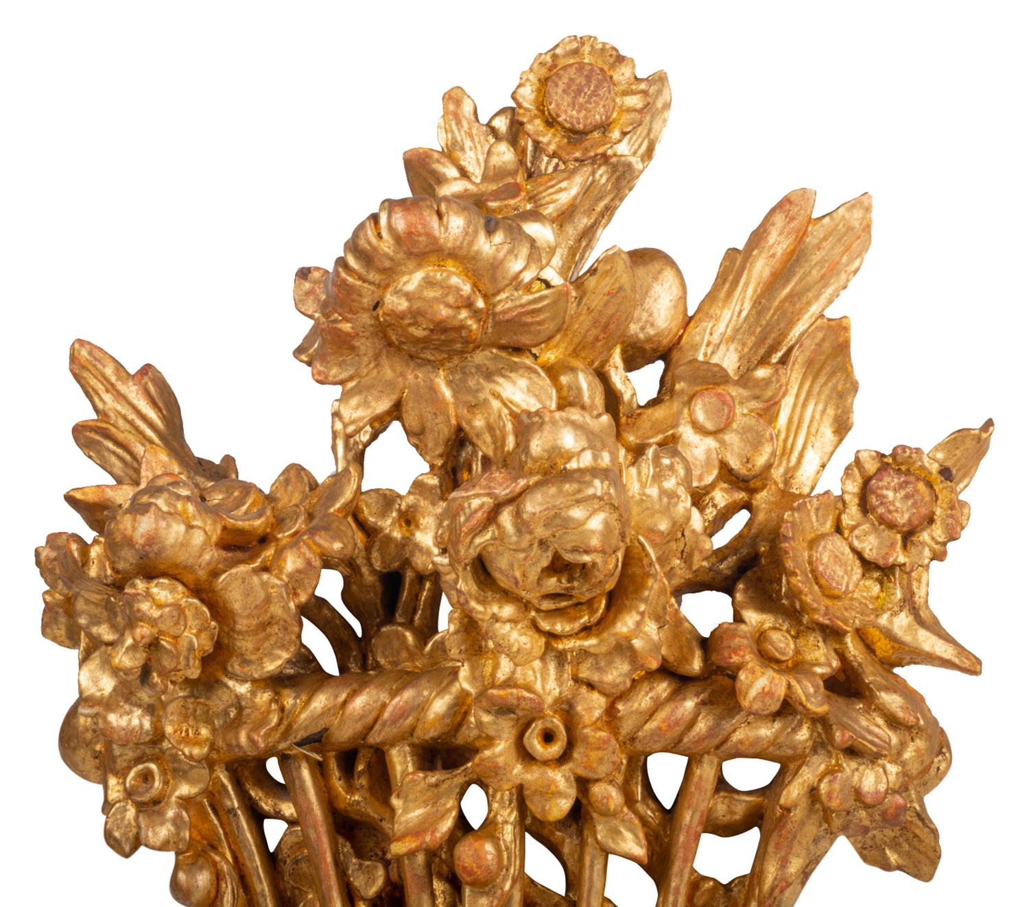 Hand-Carved Pair of Century Carved Giltwood Grinling Gibbons Style Garlands and Basket