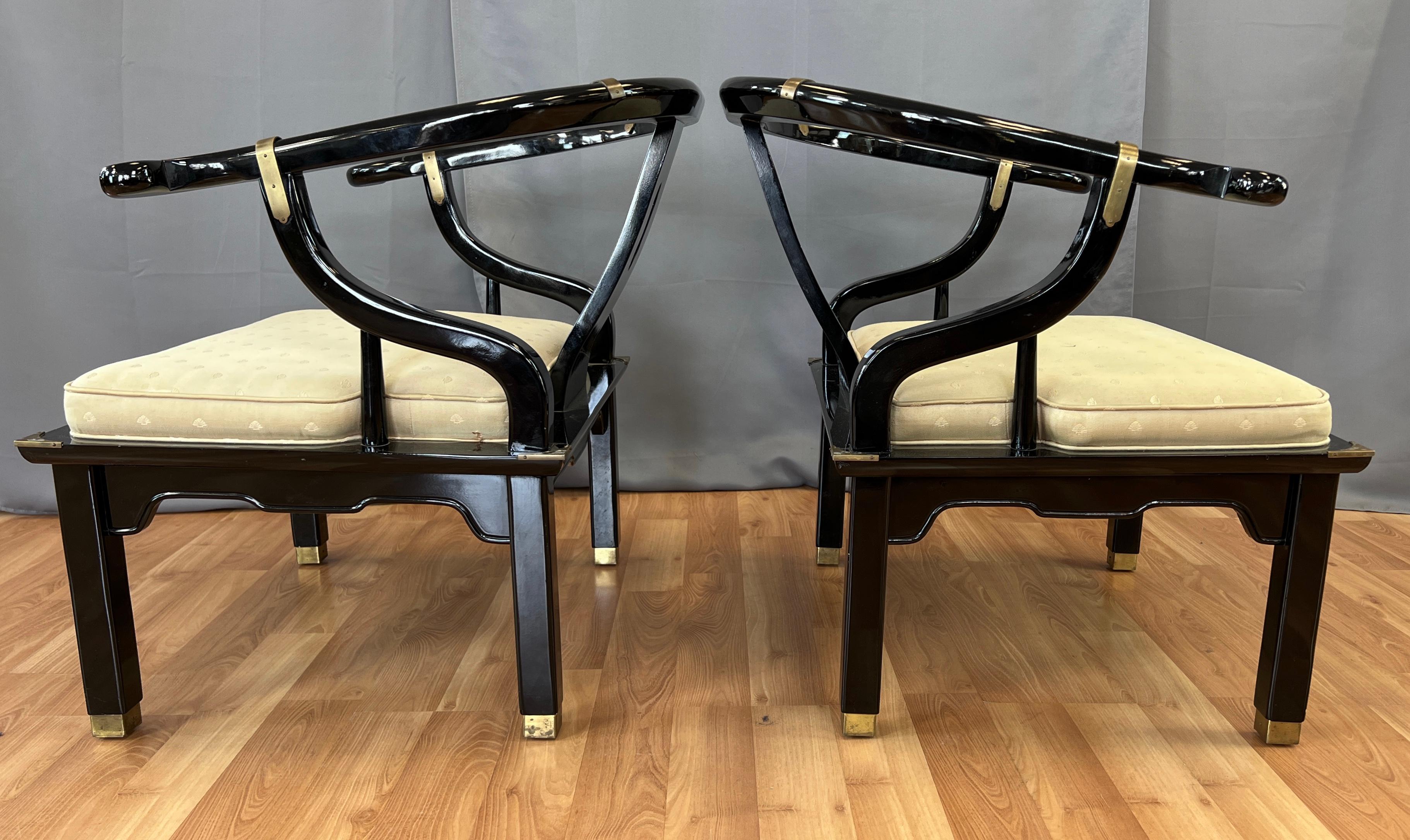 Hollywood Regency Pair Century Furniture Chinese Style Black Horseshoe Back Chow Chairs