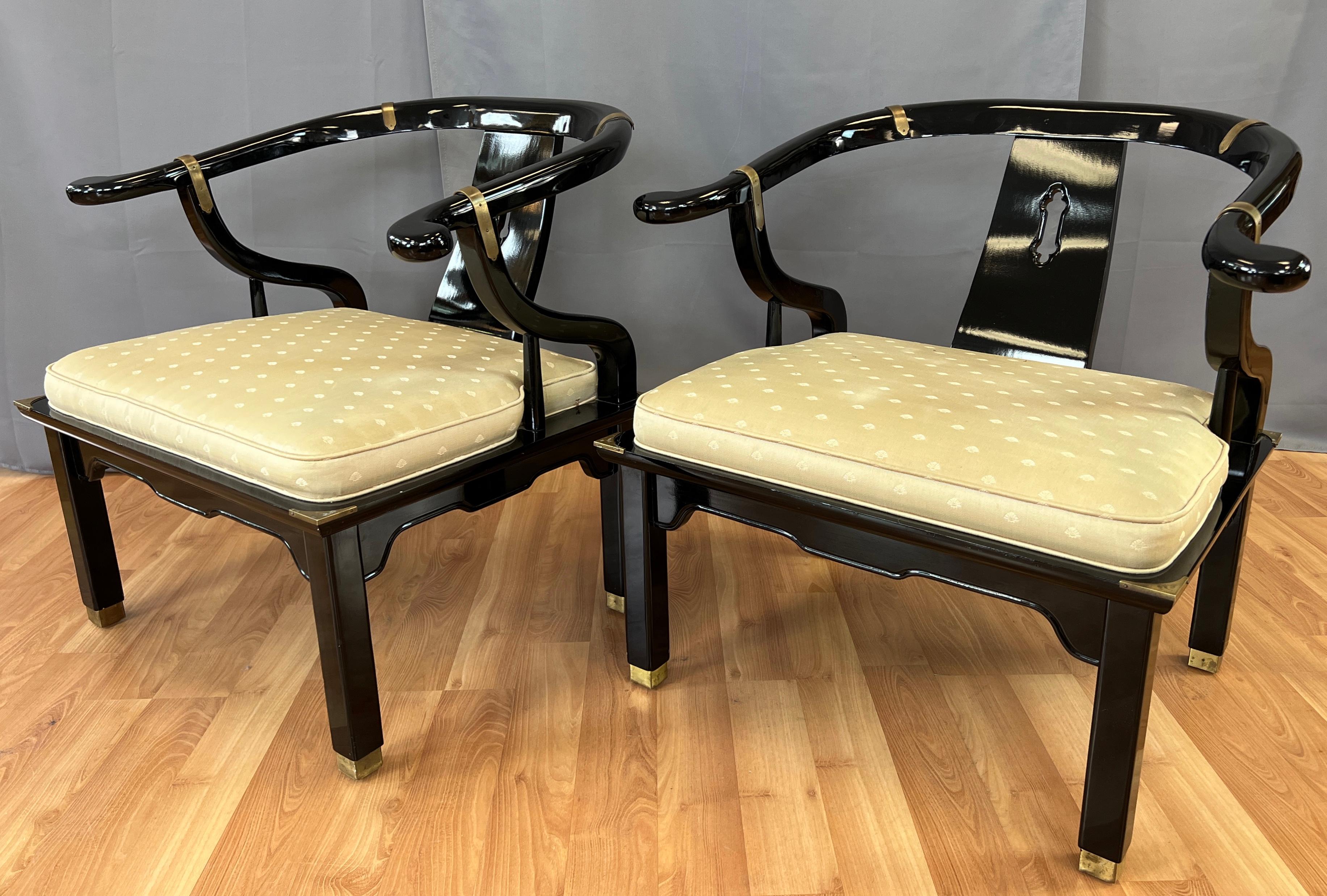 Late 20th Century Pair Century Furniture Chinese Style Black Horseshoe Back Chow Chairs