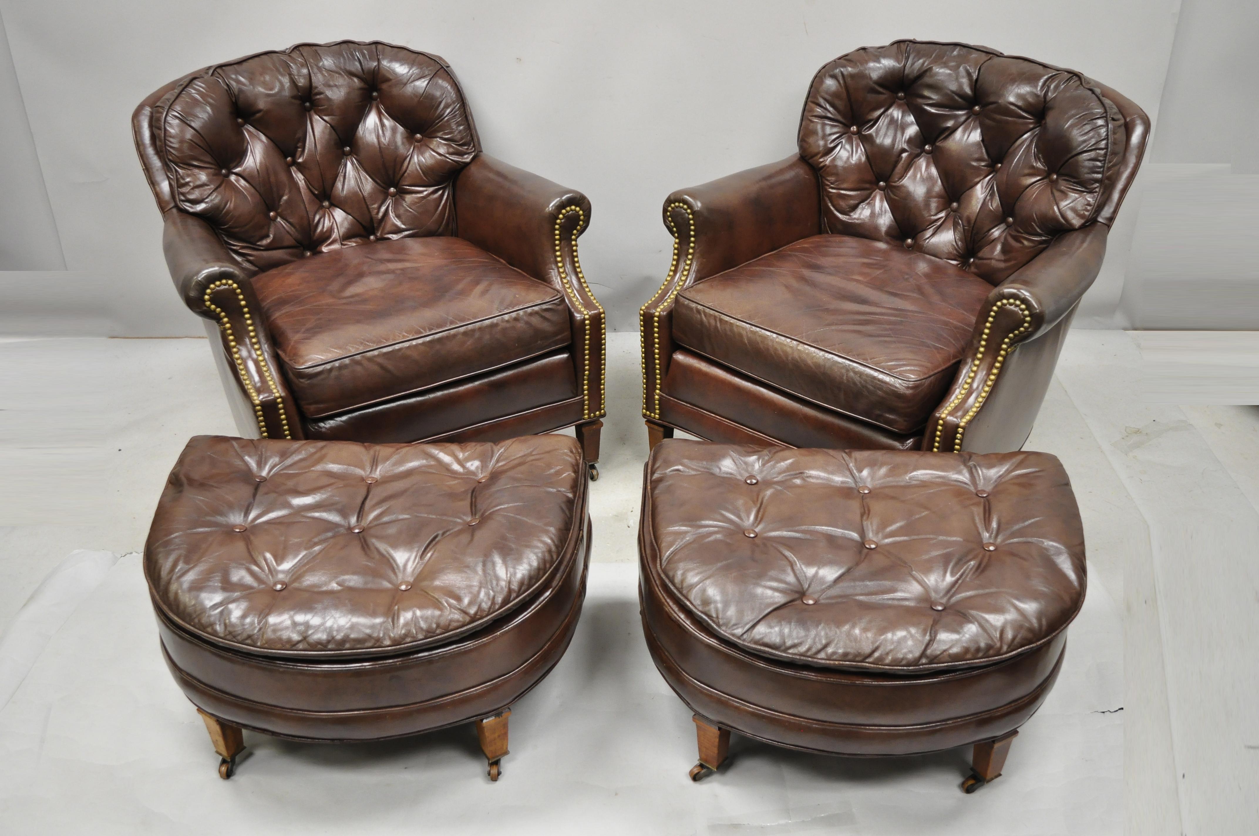 Century Furniture Co Brown Leather Chesterfield Club Lounge Chairs Ottomans Pair 4