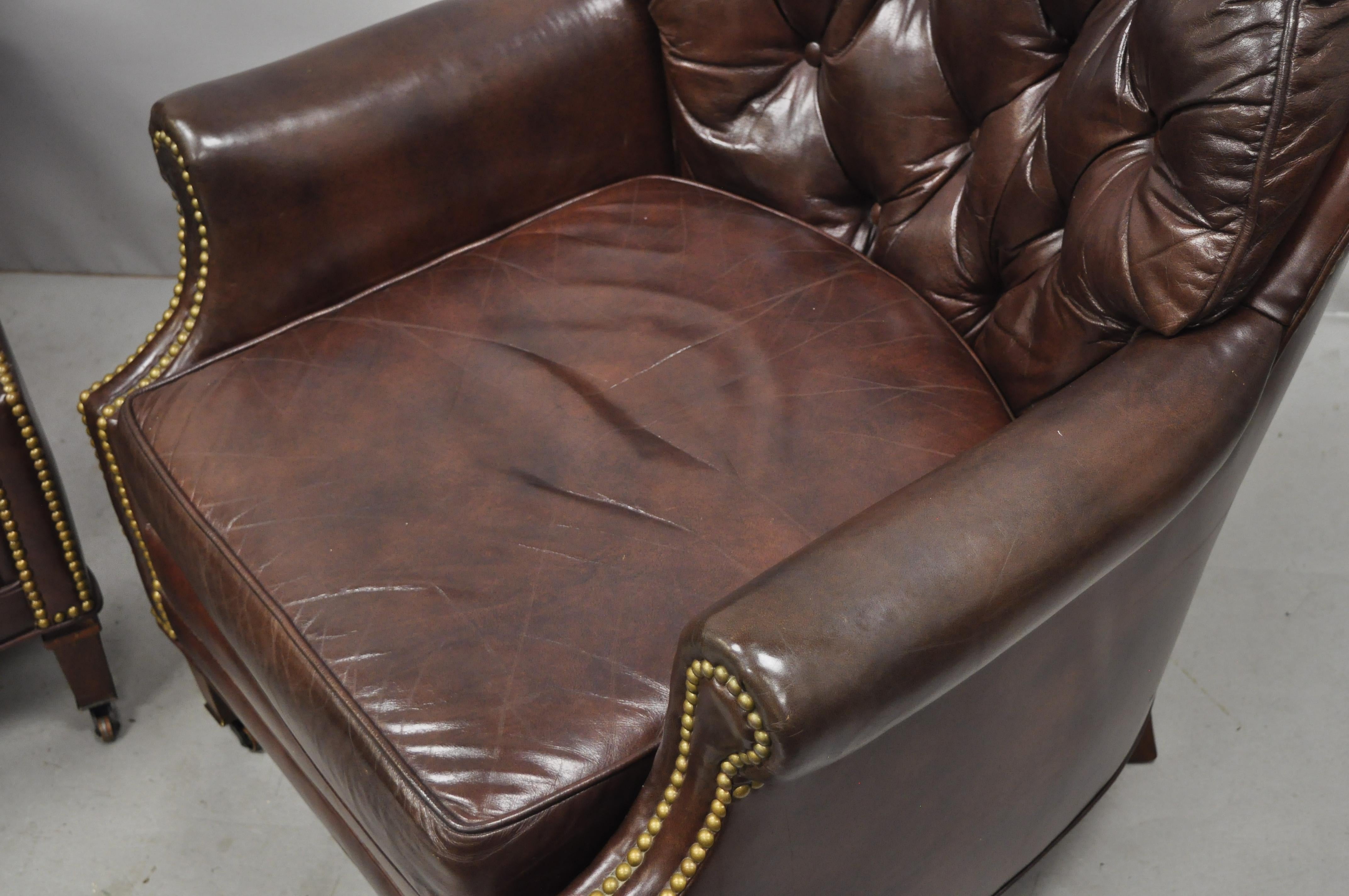 North American Century Furniture Co Brown Leather Chesterfield Club Lounge Chairs Ottomans Pair