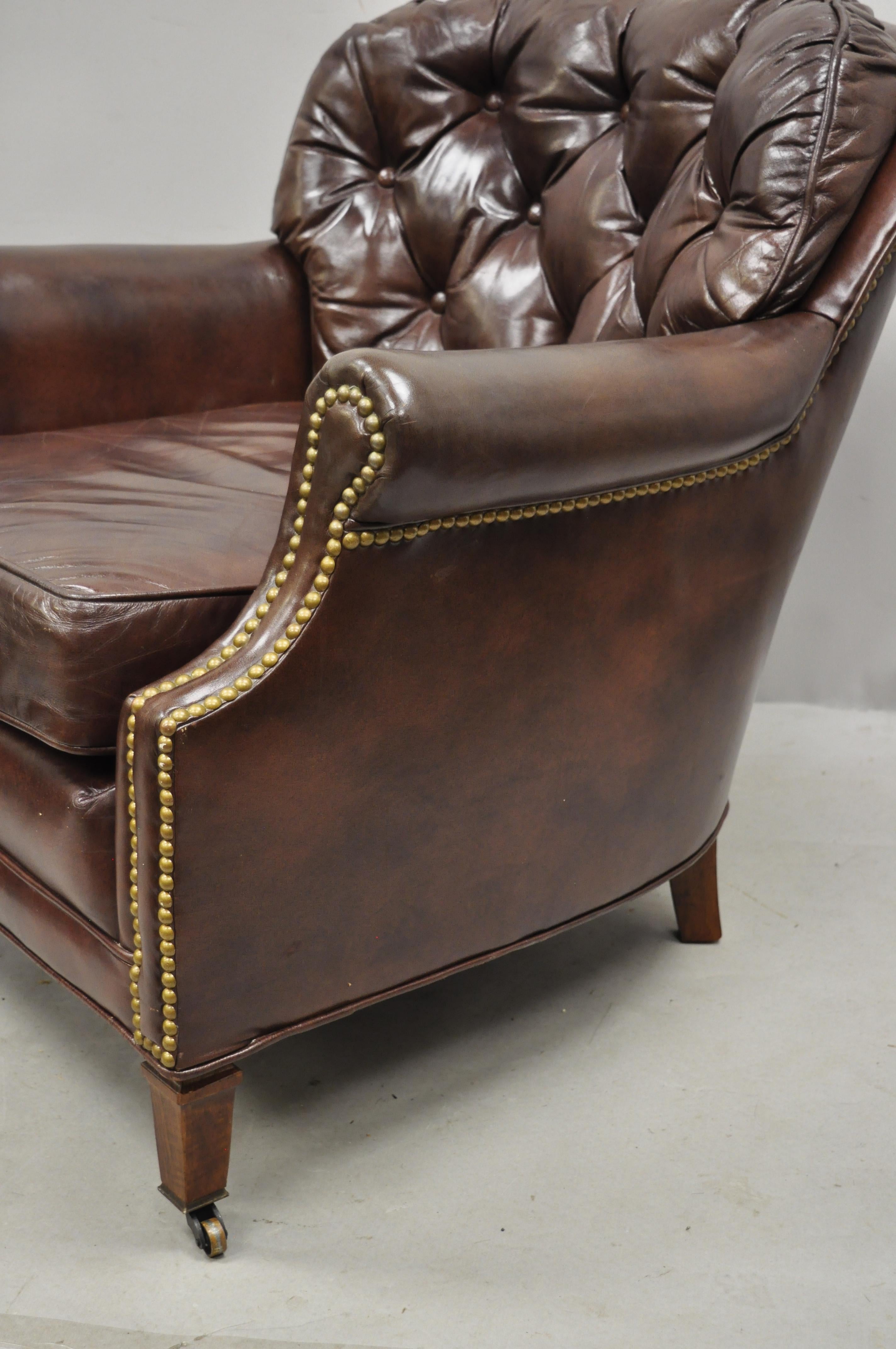 Century Furniture Co Brown Leather Chesterfield Club Lounge Chairs Ottomans Pair In Good Condition In Philadelphia, PA