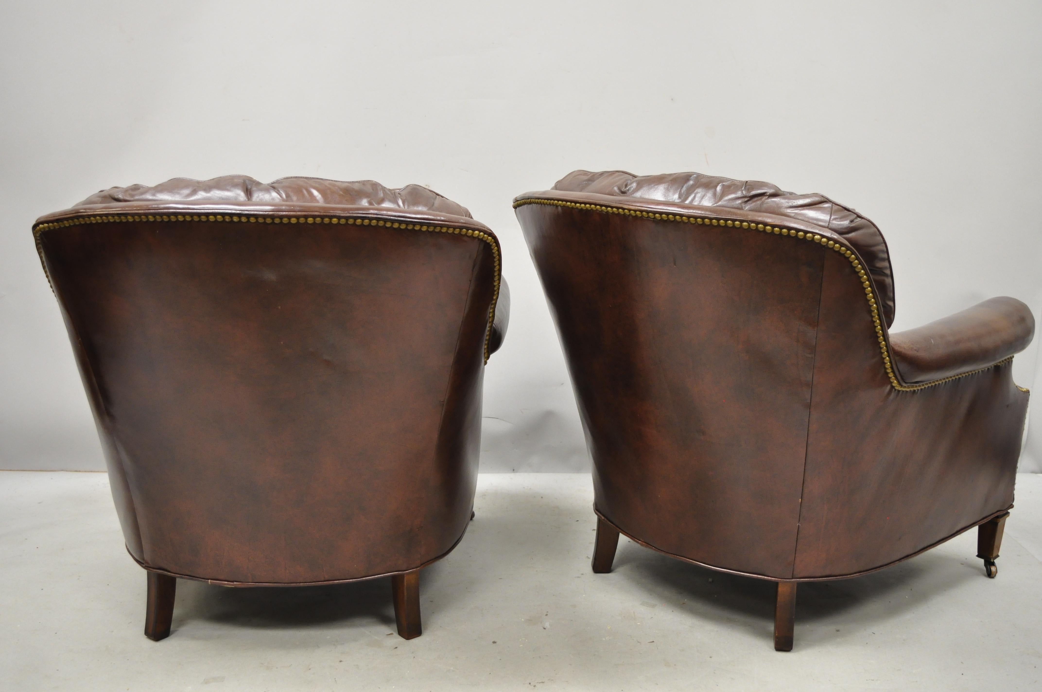 20th Century Century Furniture Co Brown Leather Chesterfield Club Lounge Chairs Ottomans Pair