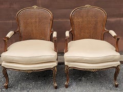 Pair Century Furniture Lpuis XV Style Walnut Cane Back and Upholstered Fauteuils