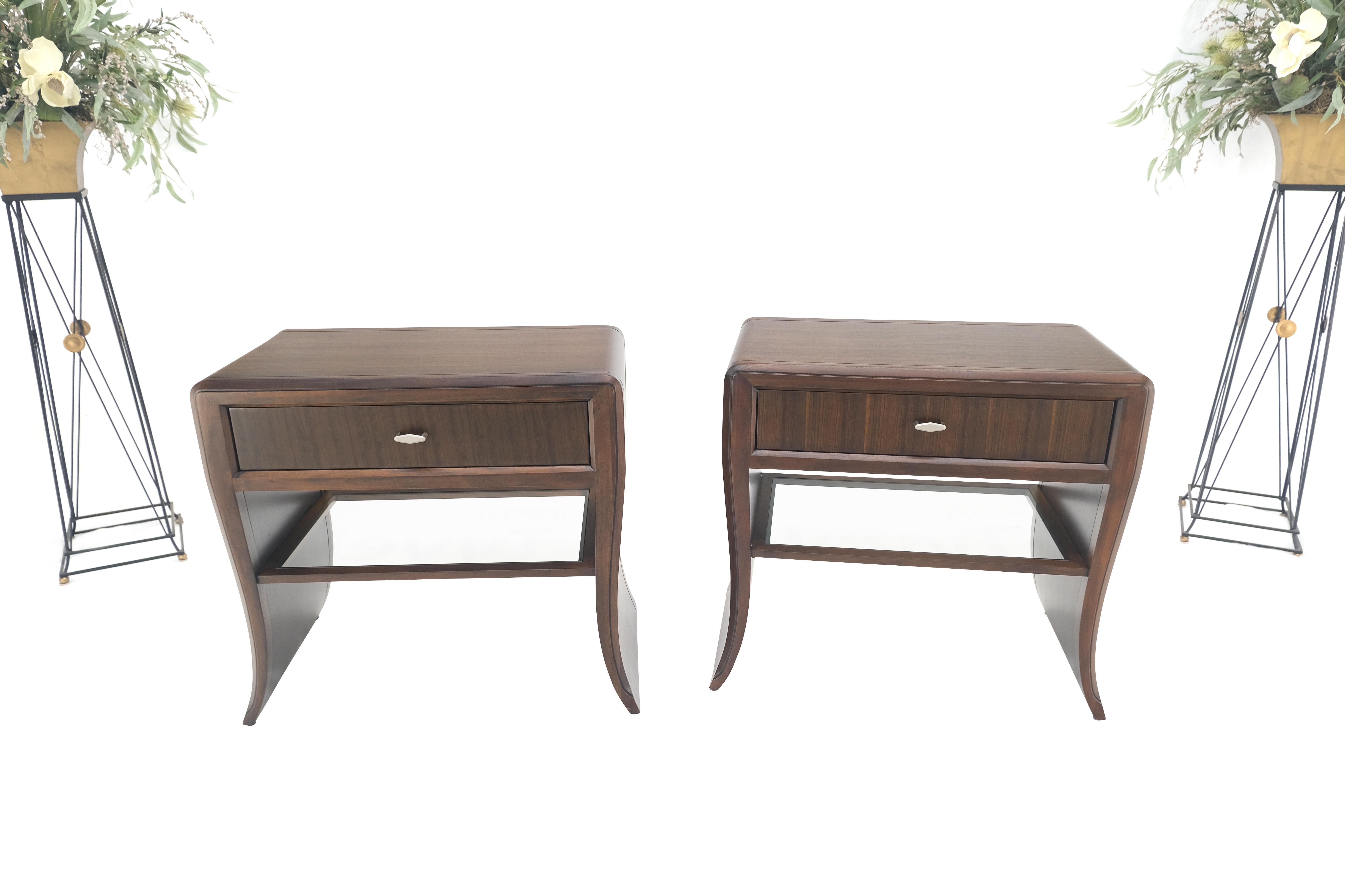 Mid-Century Modern Pair Century Walnut Waterfall Brand New Old Stock Two Tier Night Tables Stands For Sale
