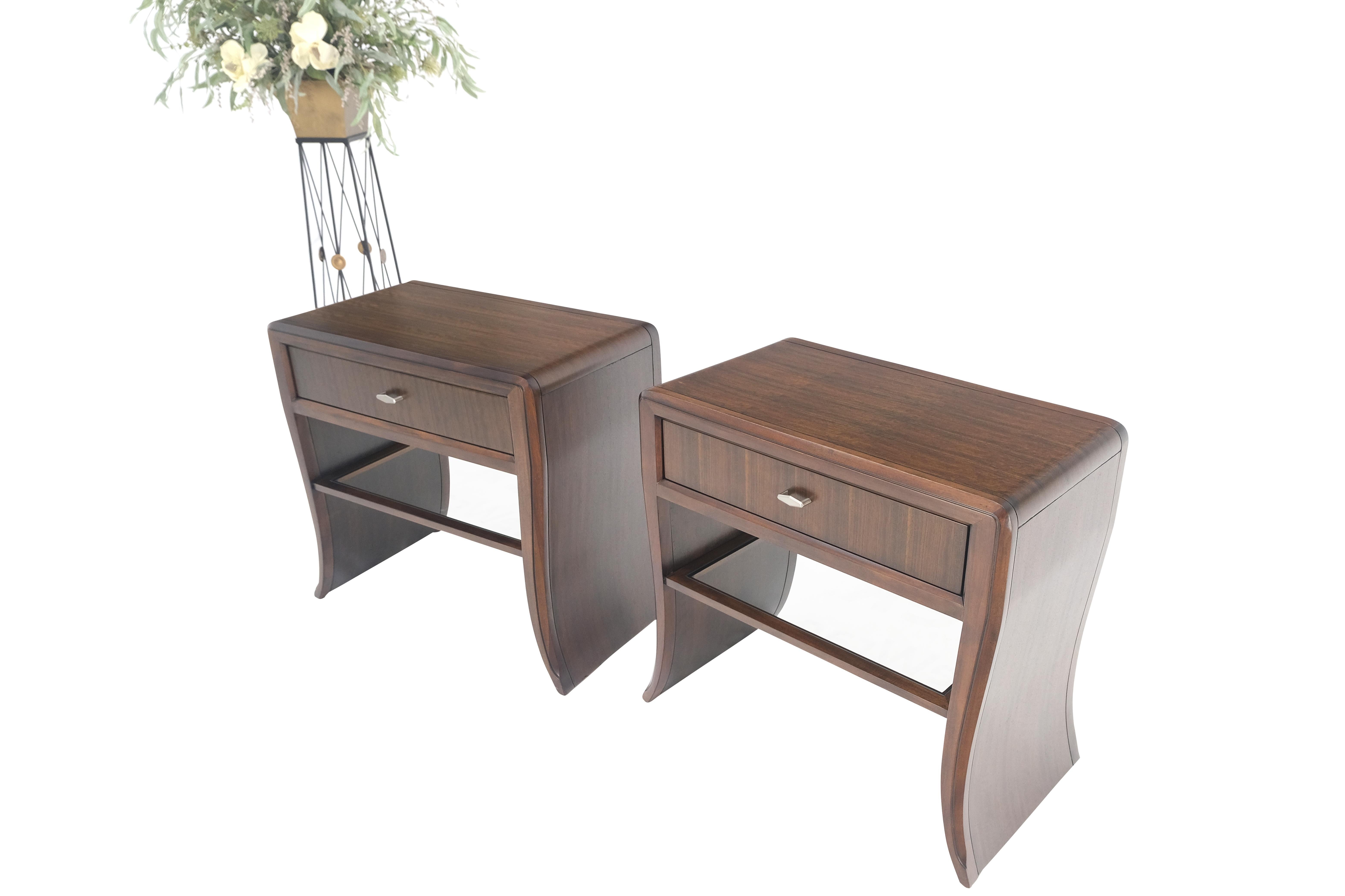 Lacquered Pair Century Walnut Waterfall Brand New Old Stock Two Tier Night Tables Stands For Sale