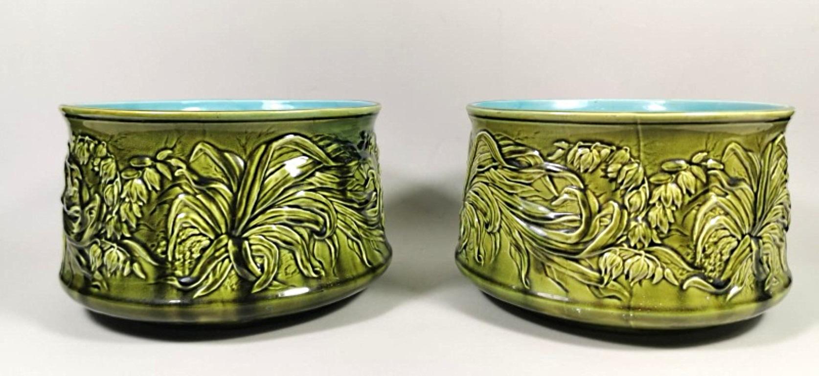 Art Nouveau Art Noveau French Pair of Ceramic Barbotine  Cachepots 