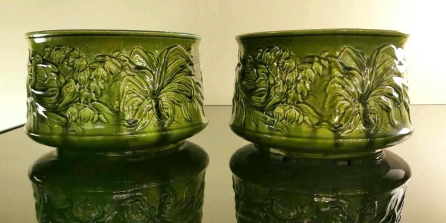 Art Noveau French Pair of Ceramic Barbotine  Cachepots  In Good Condition In Prato, Tuscany