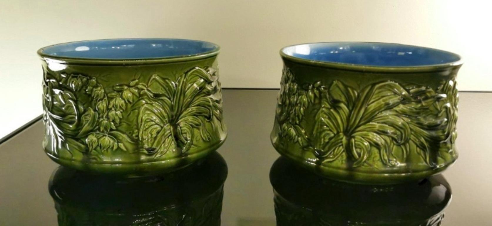 20th Century Art Noveau French Pair of Ceramic Barbotine  Cachepots 