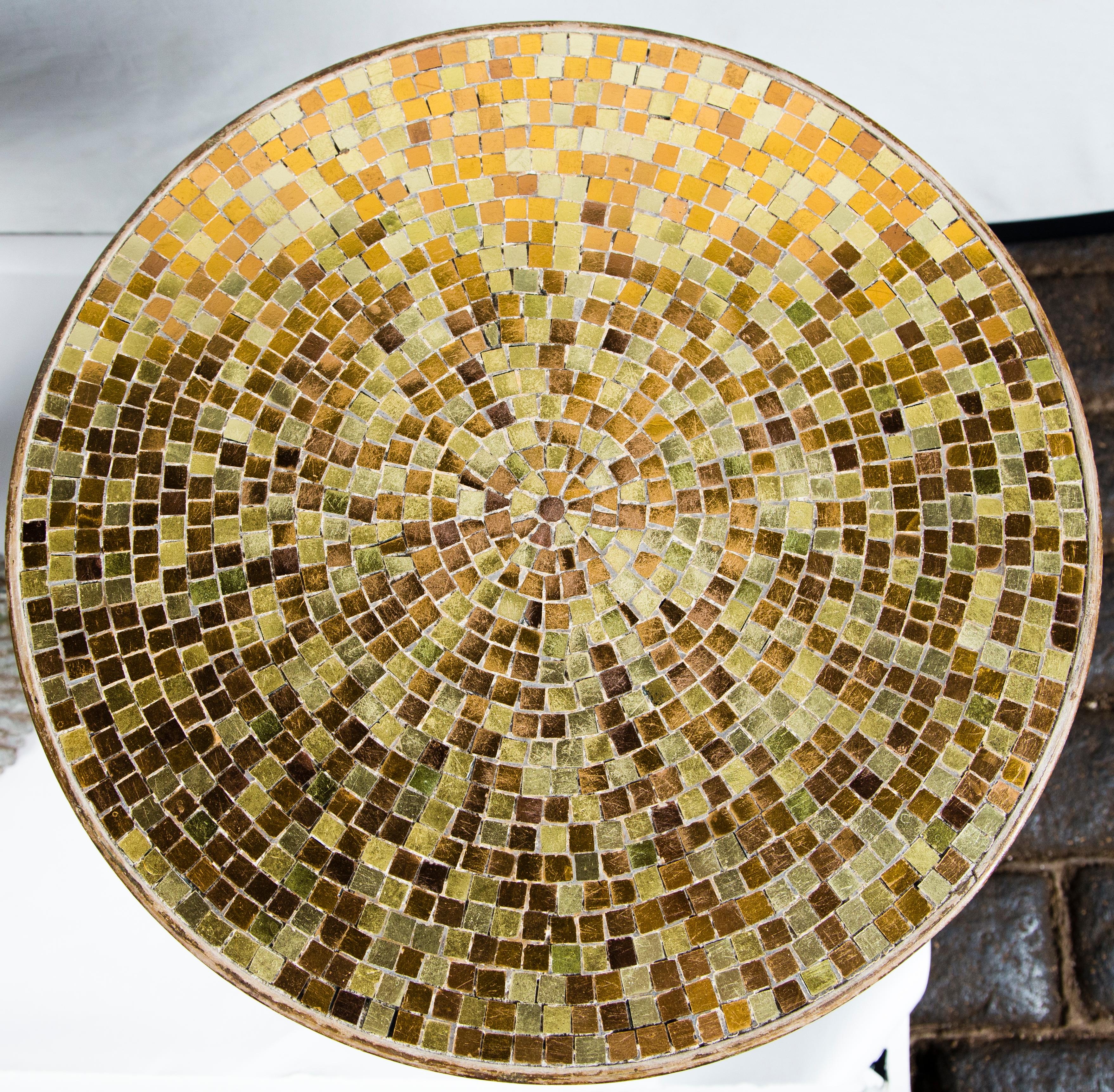 European Pair of Ceramic Mosaic Tile Top Tassel Tables For Sale
