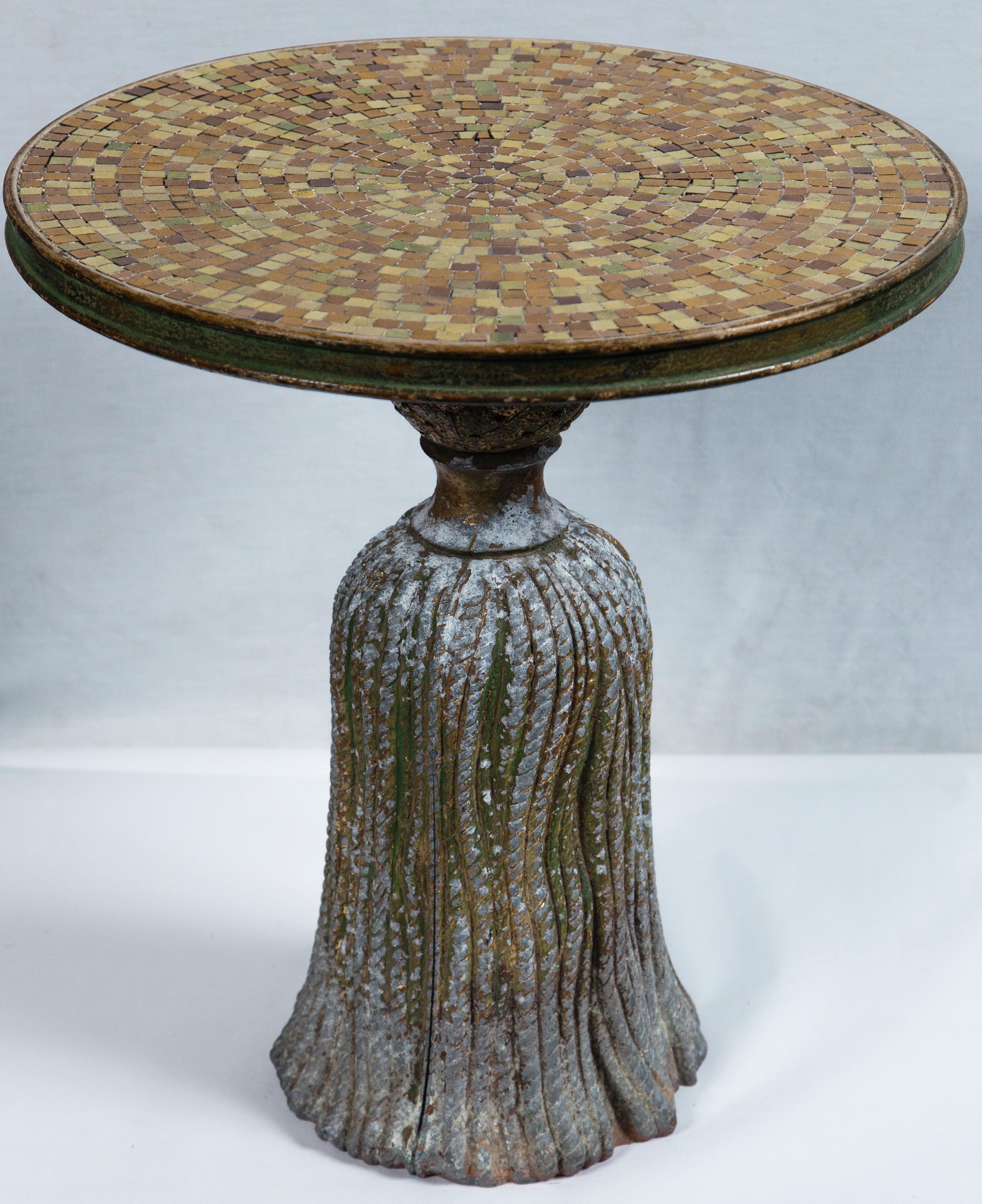 Pair of Ceramic Mosaic Tile Top Tassel Tables In Good Condition For Sale In Stamford, CT
