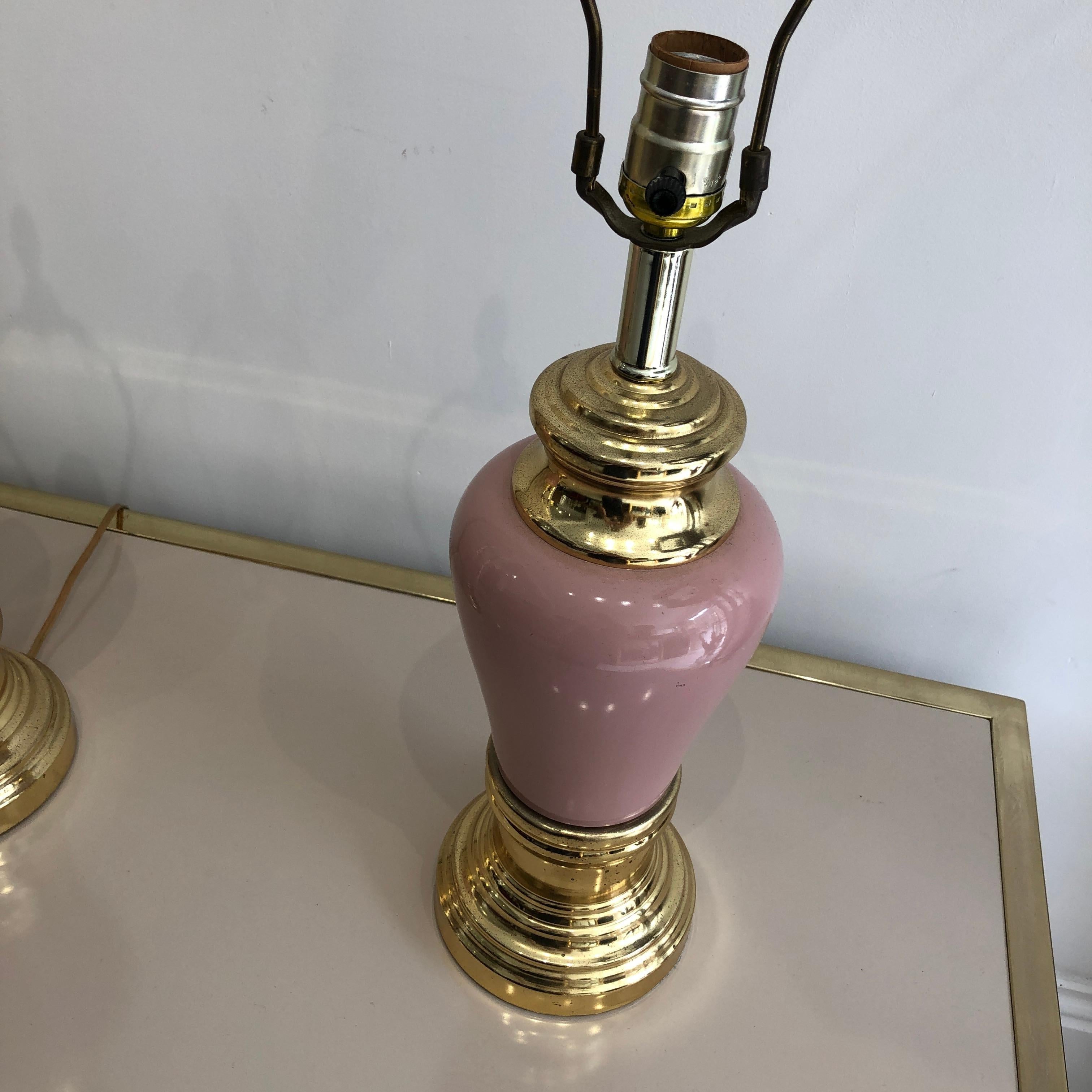 Late 20th Century Pair Ceramic Pink Brass Gold Table Lamps Mid-Century 1970s Vintage Hollywood  For Sale