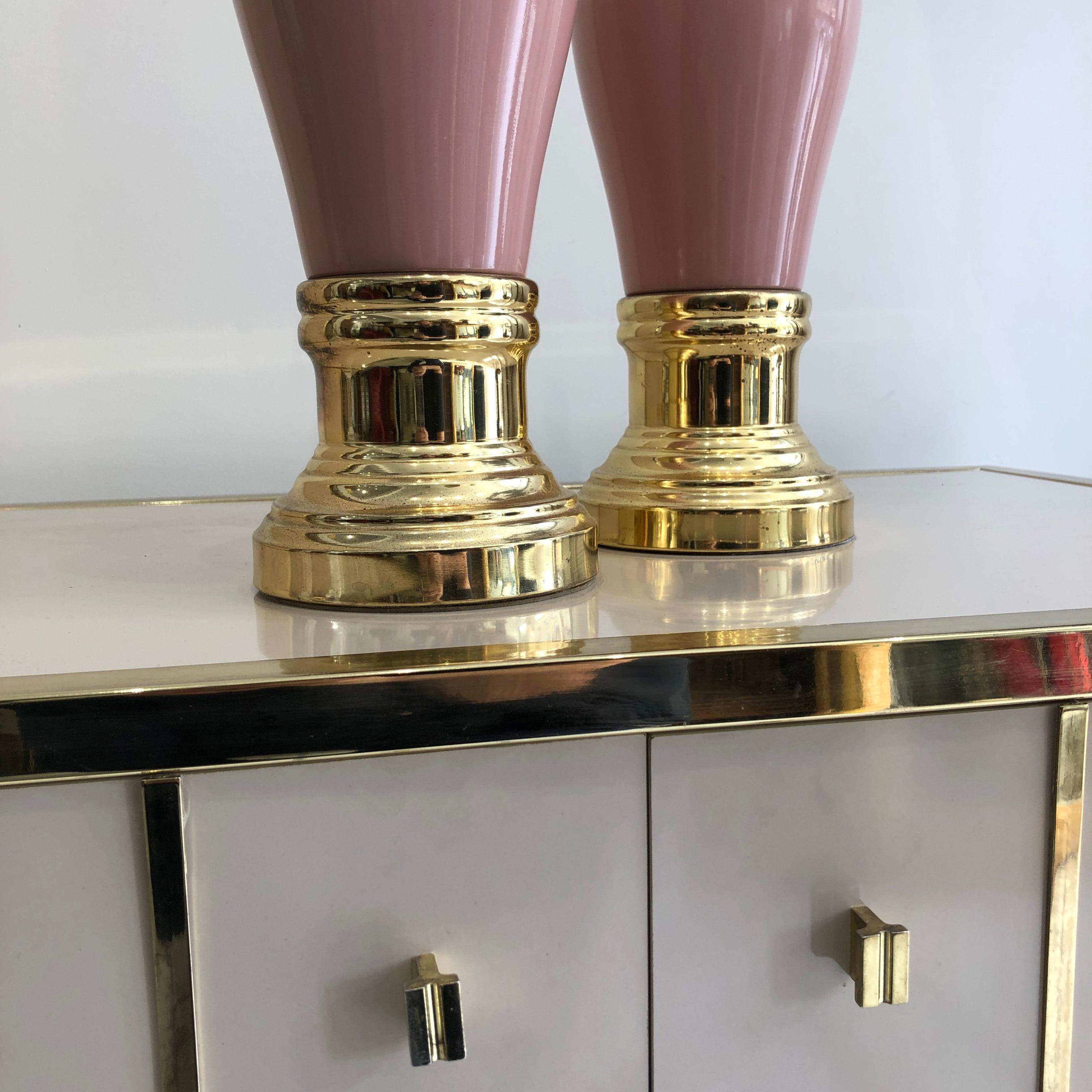 Pair Ceramic Pink Brass Gold Table Lamps Mid-Century 1970s Vintage Hollywood  For Sale 3