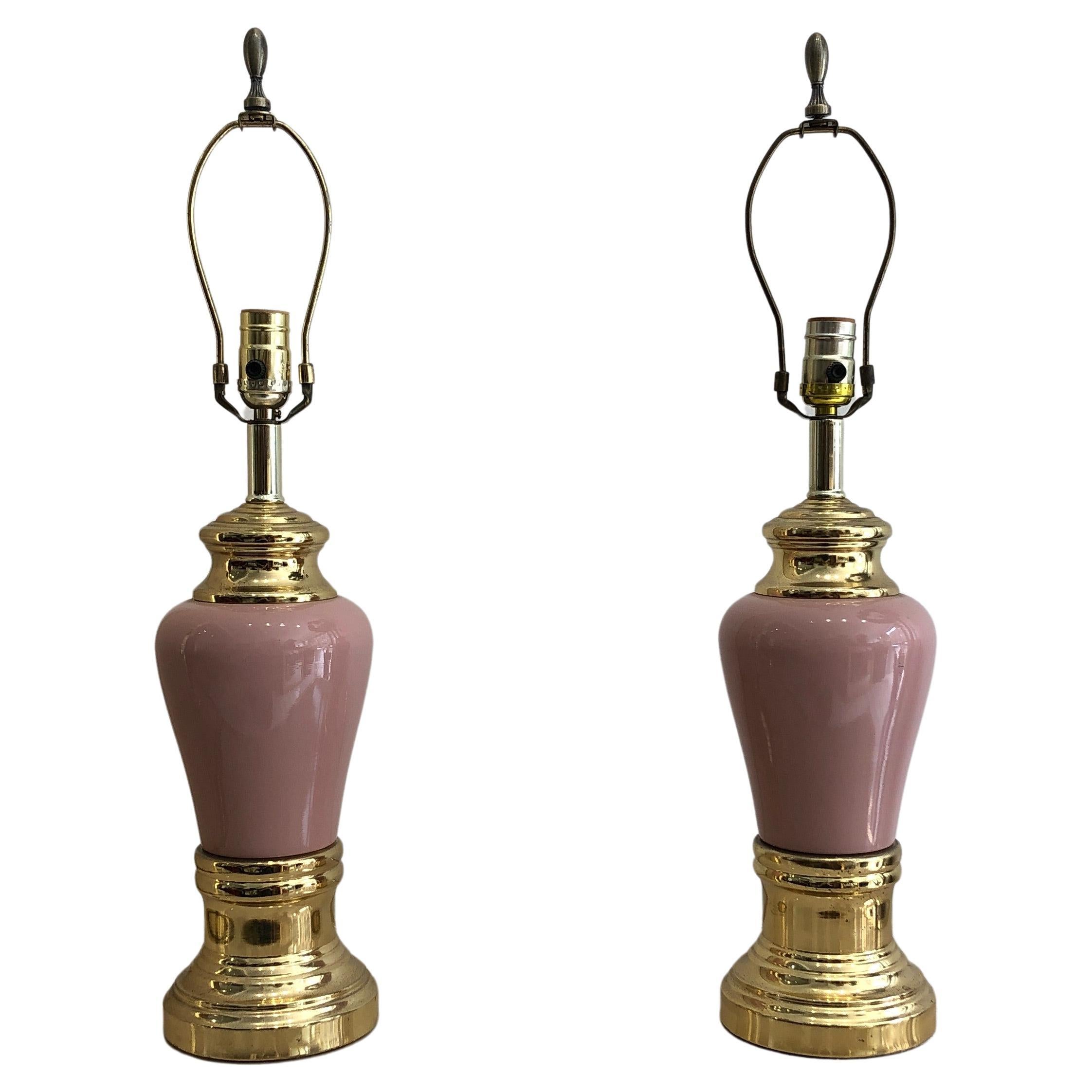 Pair Ceramic Pink Brass Gold Table Lamps Mid-Century 1970s Vintage Hollywood  For Sale