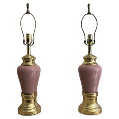 Pair Ceramic Pink Brass Gold Table Lamps Mid-Century 1970s Vintage Hollywood 