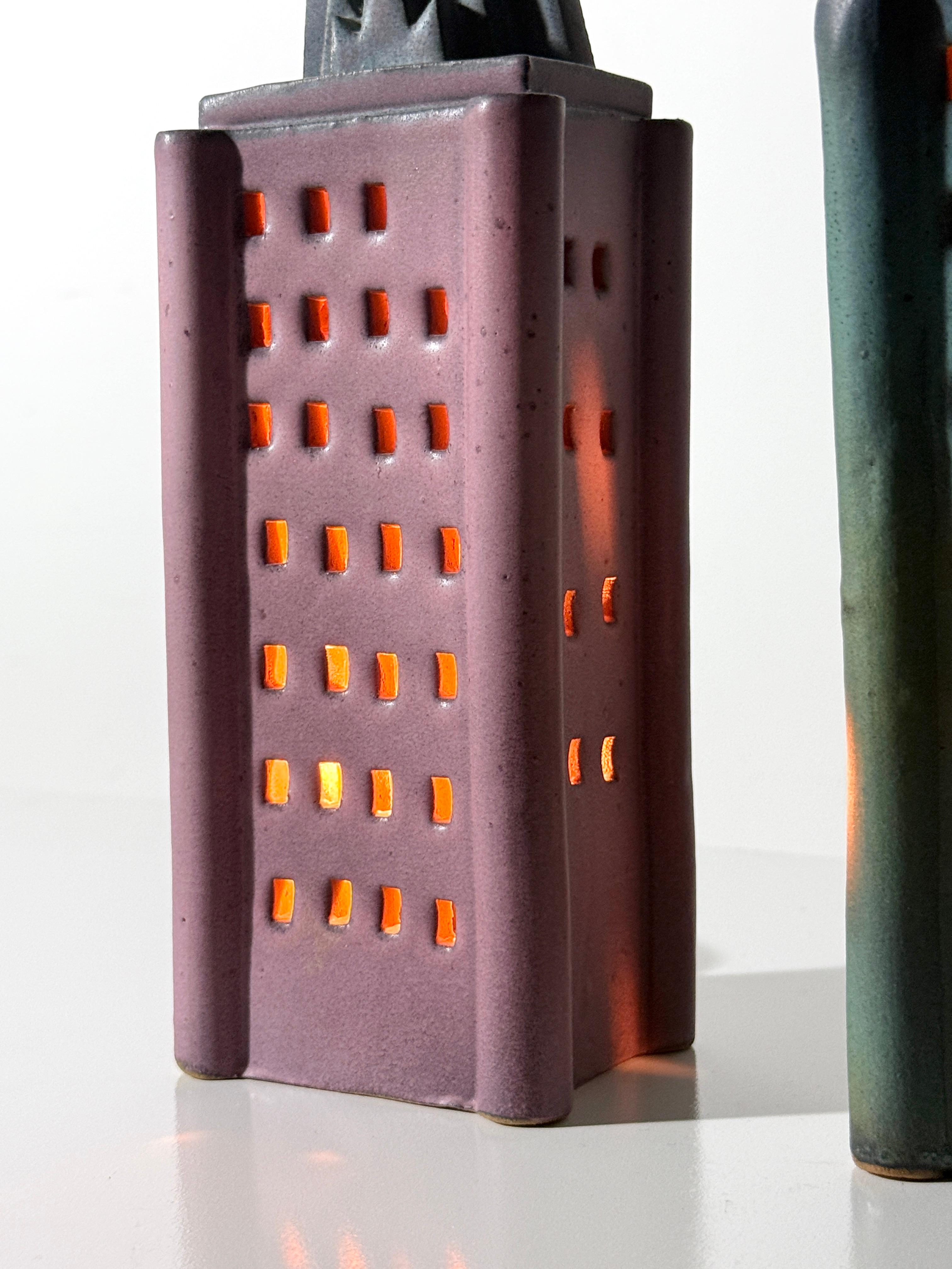 Pair Ceramic Skyscraper Building Sculpture Lamps by Doug Spalding Studio Pottery For Sale 3