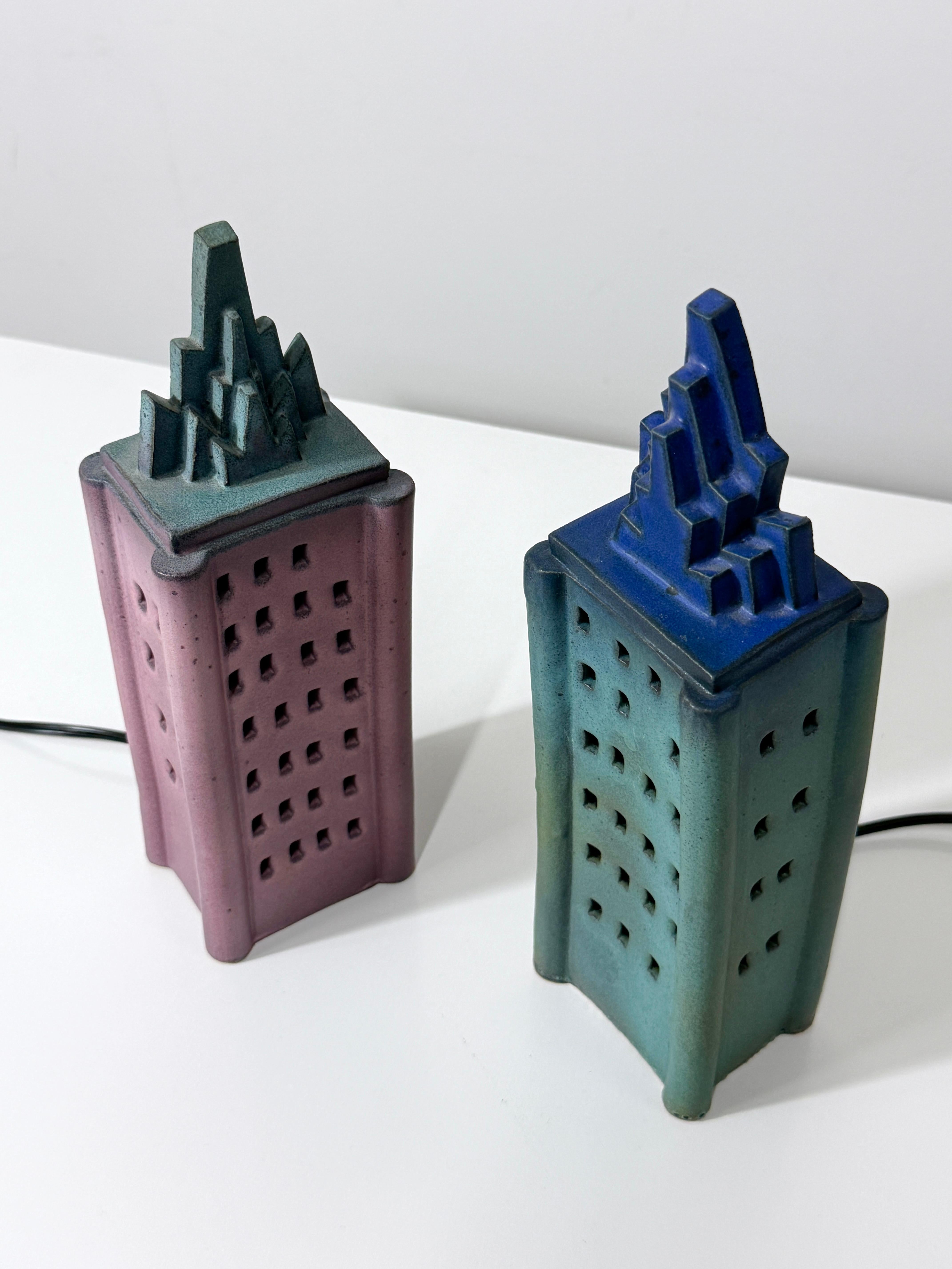 Pair Ceramic Skyscraper Building Sculpture Lamps by Doug Spalding Studio Pottery For Sale 5