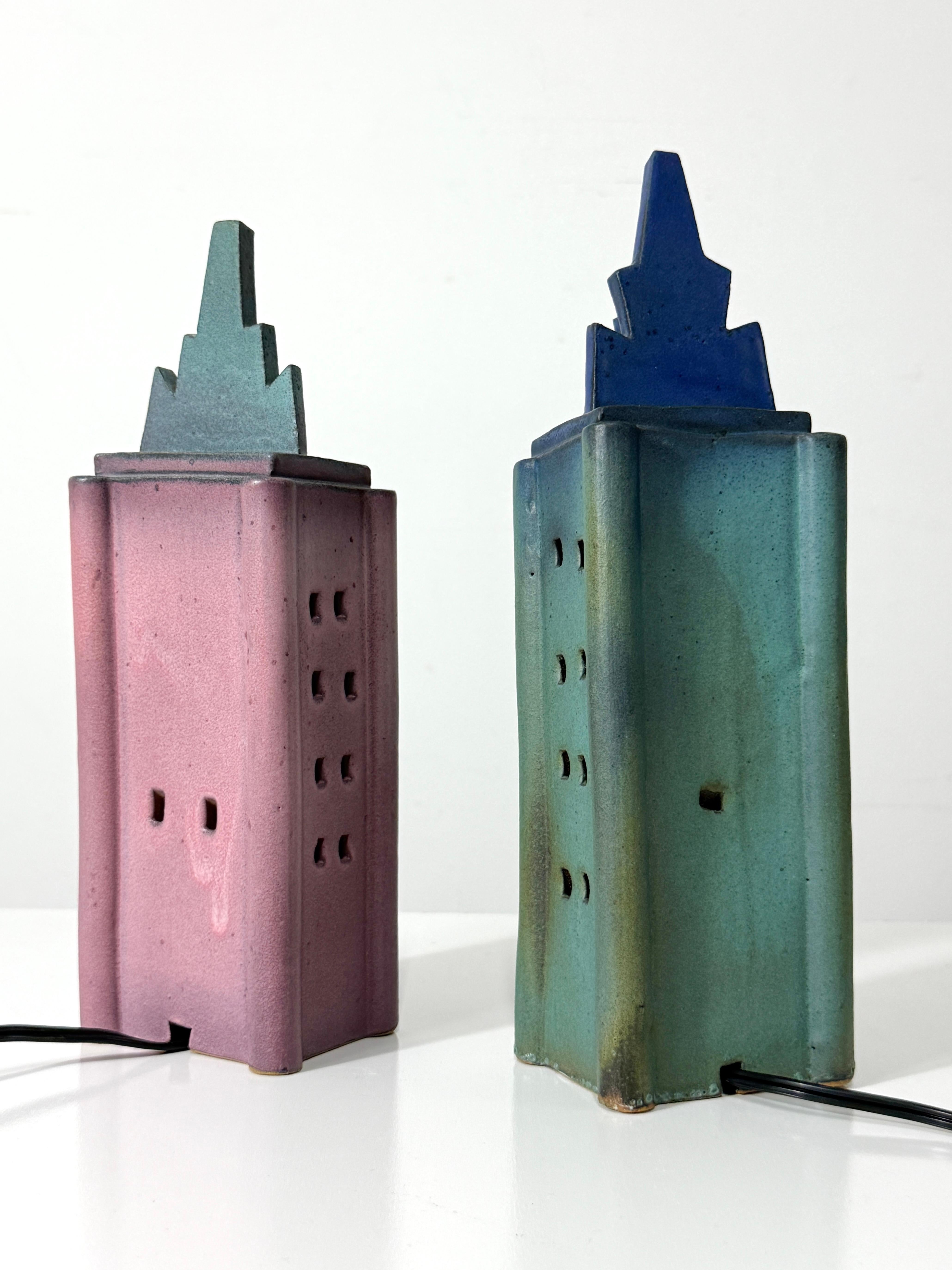Pair Ceramic Skyscraper Building Sculpture Lamps by Doug Spalding Studio Pottery For Sale 8