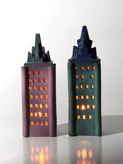 Pair Ceramic Skyscraper Building Sculpture Lamps by Doug Spalding Studio Pottery