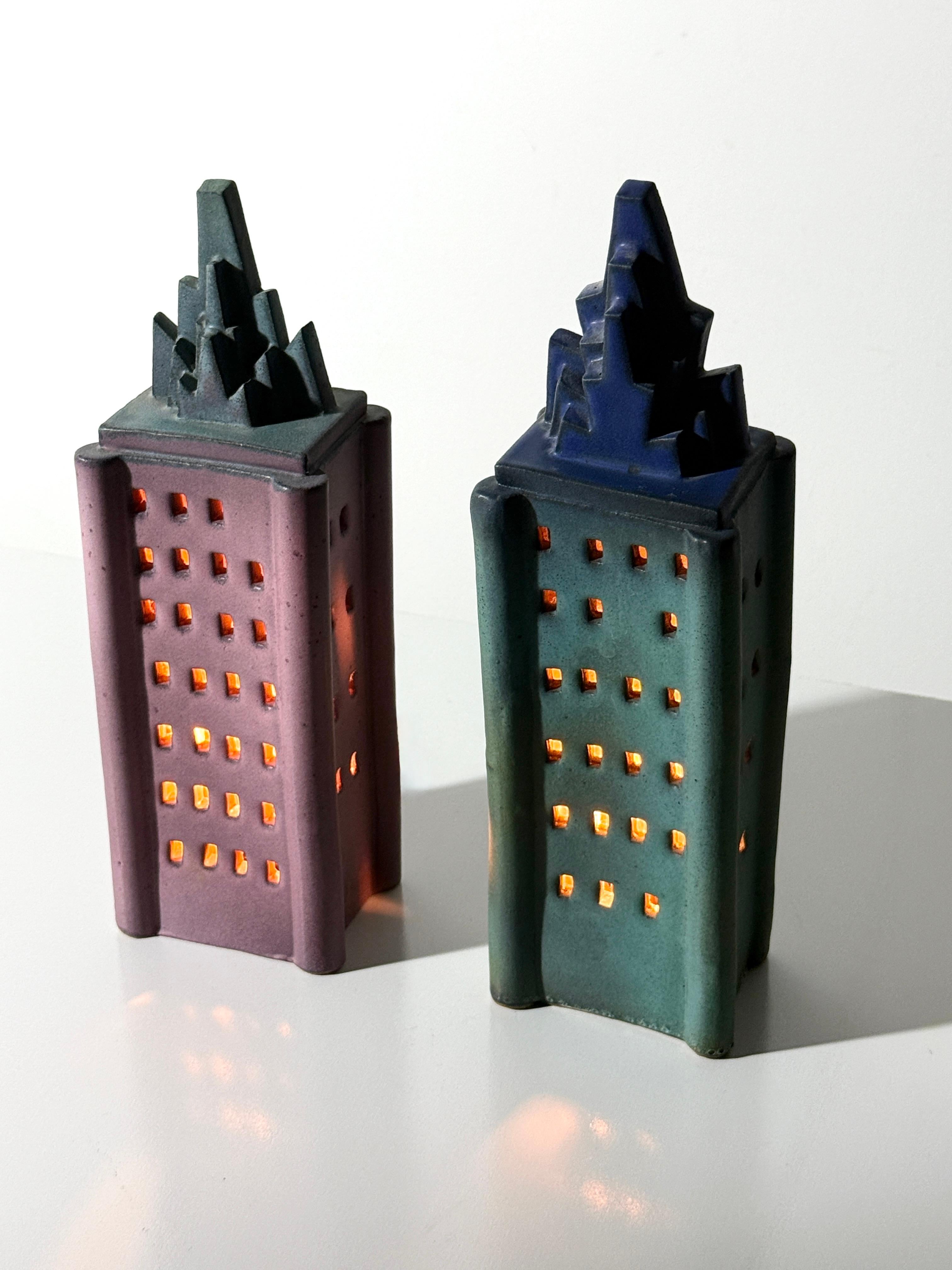 Post-Modern Pair Ceramic Skyscraper Building Sculpture Lamps by Doug Spalding Studio Pottery For Sale