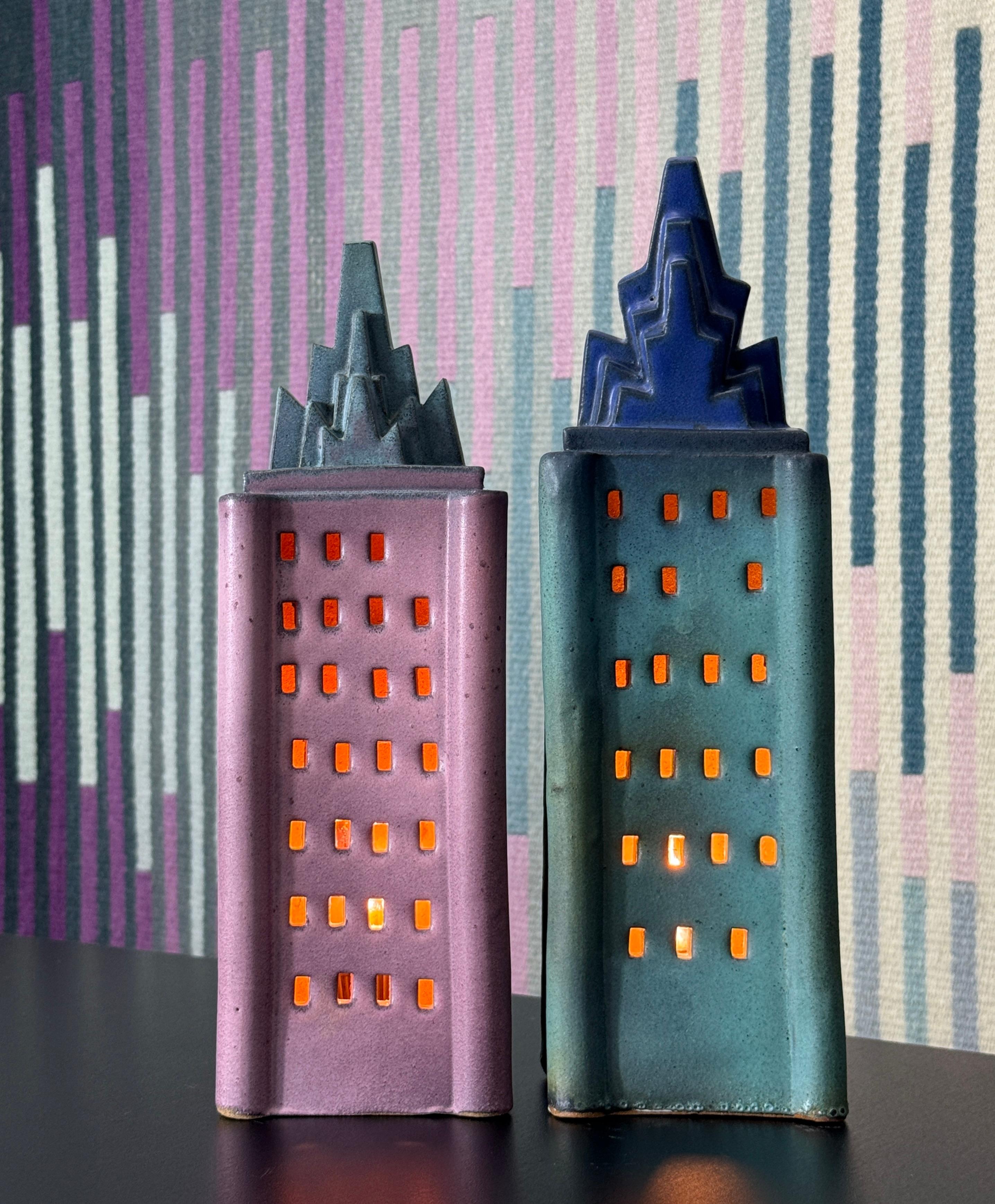 American Pair Ceramic Skyscraper Building Sculpture Lamps by Doug Spalding Studio Pottery For Sale