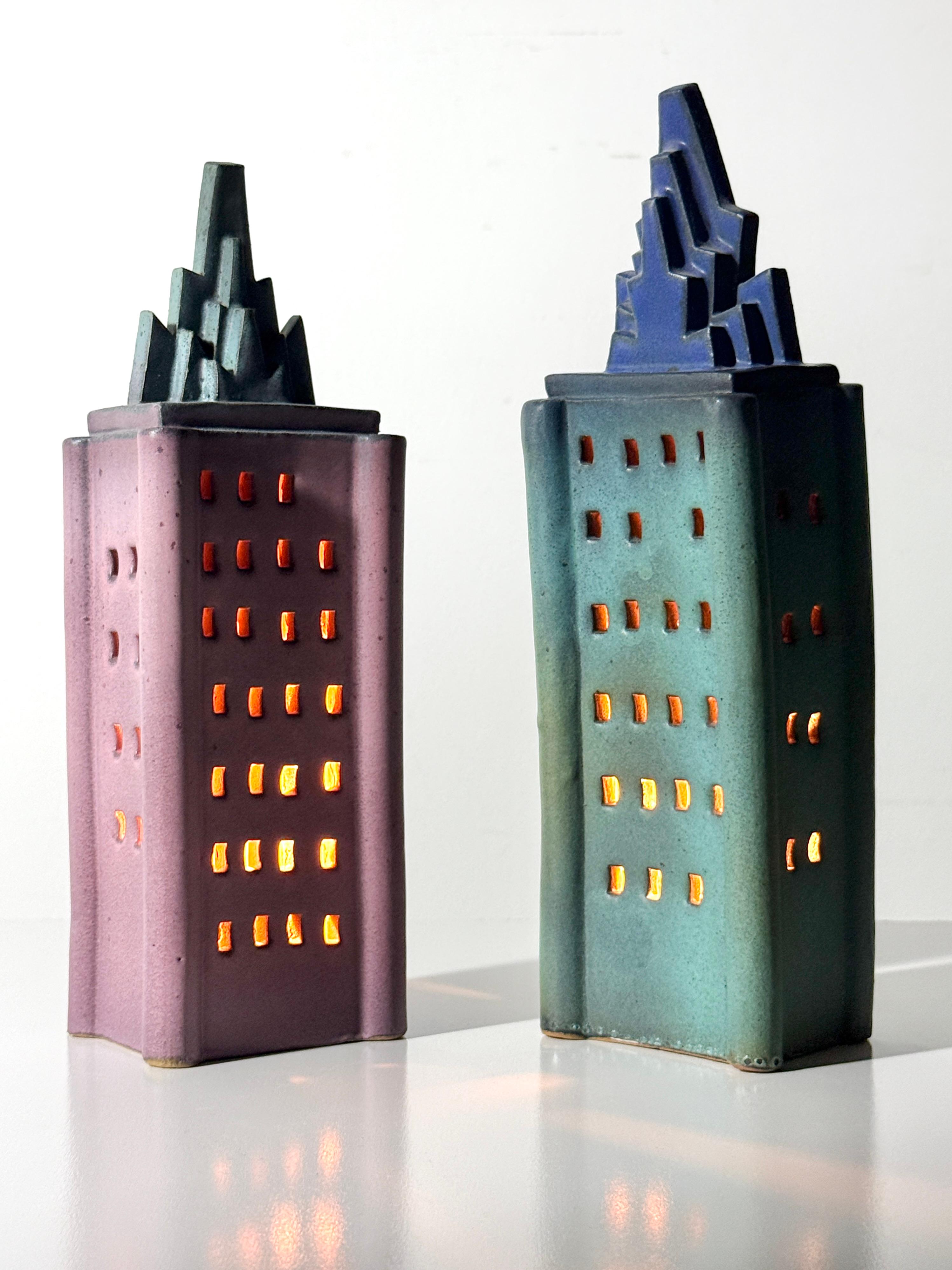 Glazed Pair Ceramic Skyscraper Building Sculpture Lamps by Doug Spalding Studio Pottery For Sale