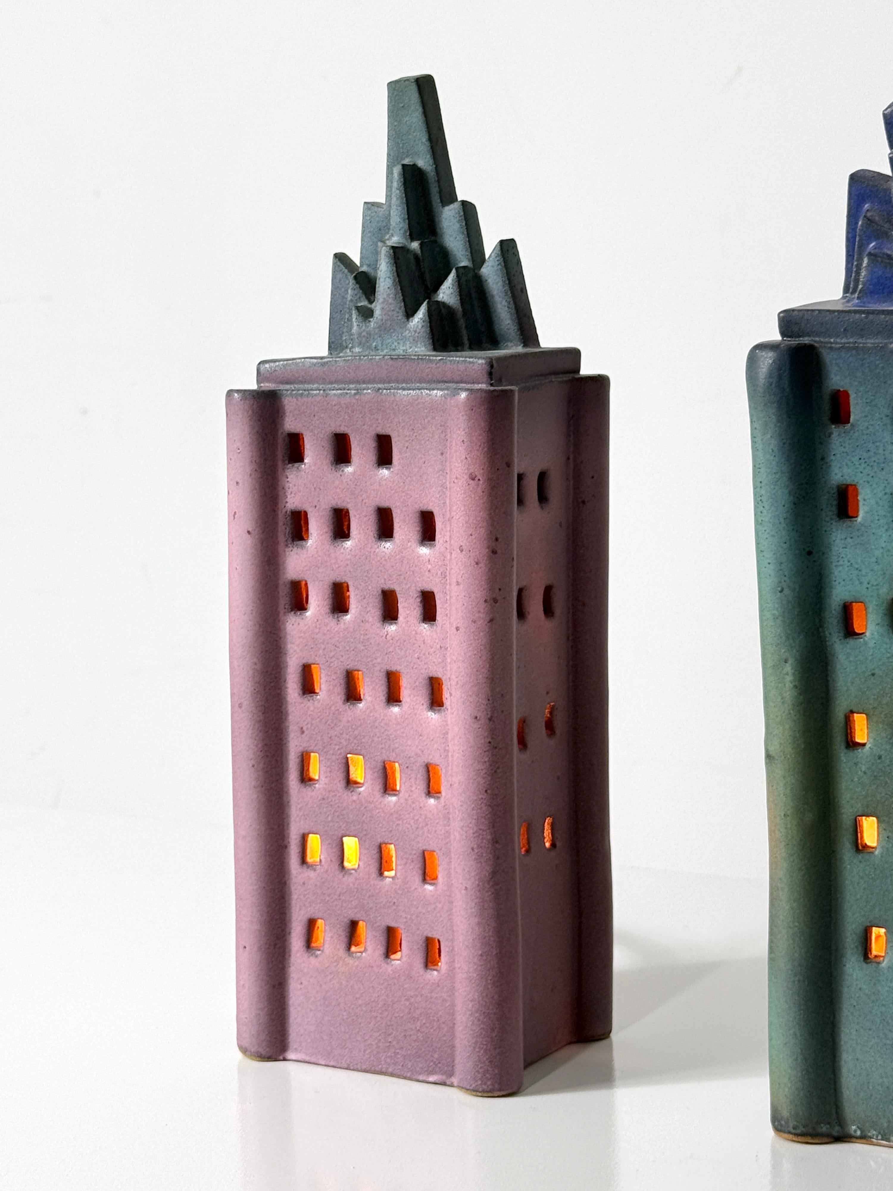20th Century Pair Ceramic Skyscraper Building Sculpture Lamps by Doug Spalding Studio Pottery For Sale