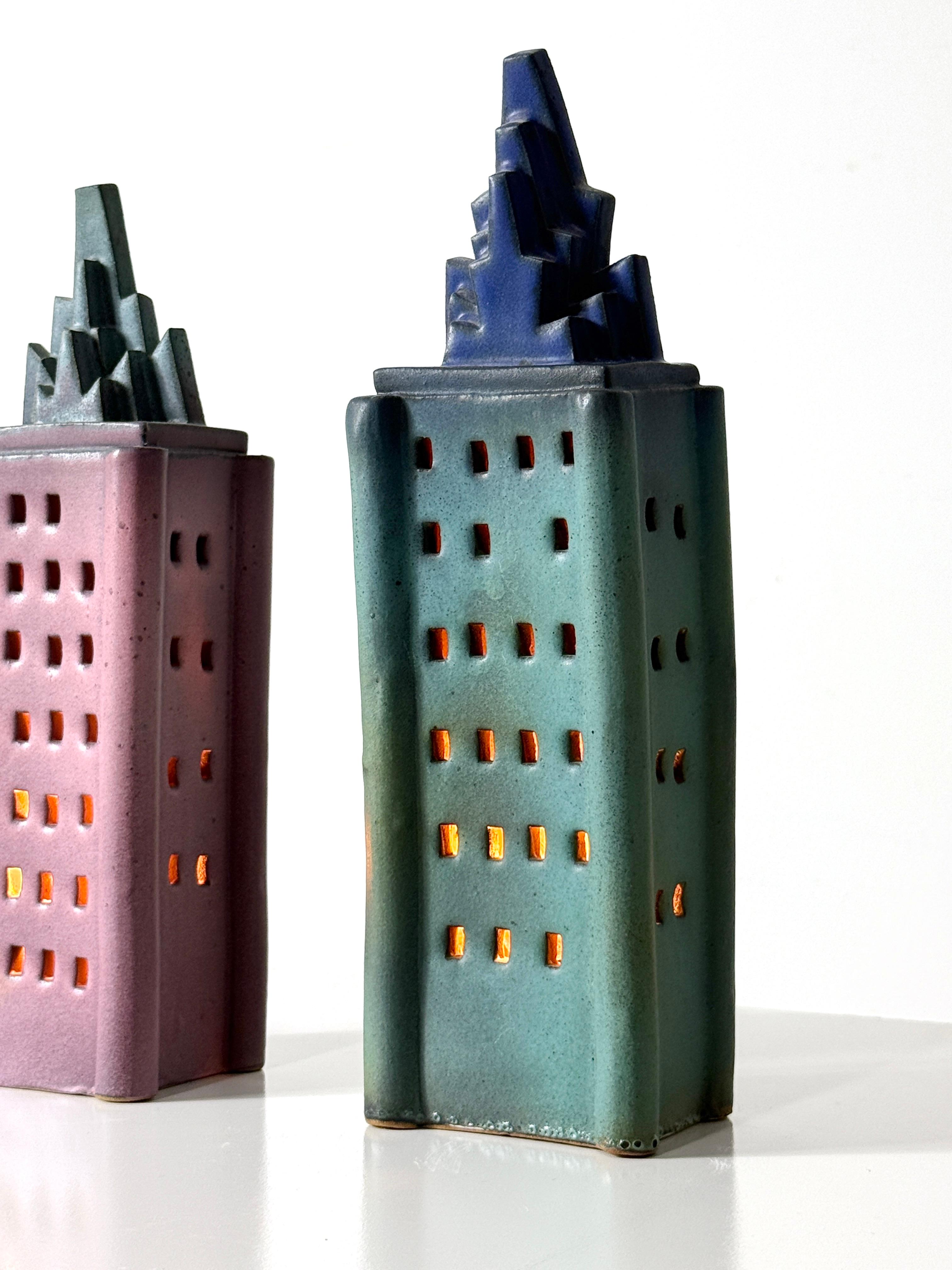 Pair Ceramic Skyscraper Building Sculpture Lamps by Doug Spalding Studio Pottery For Sale 1