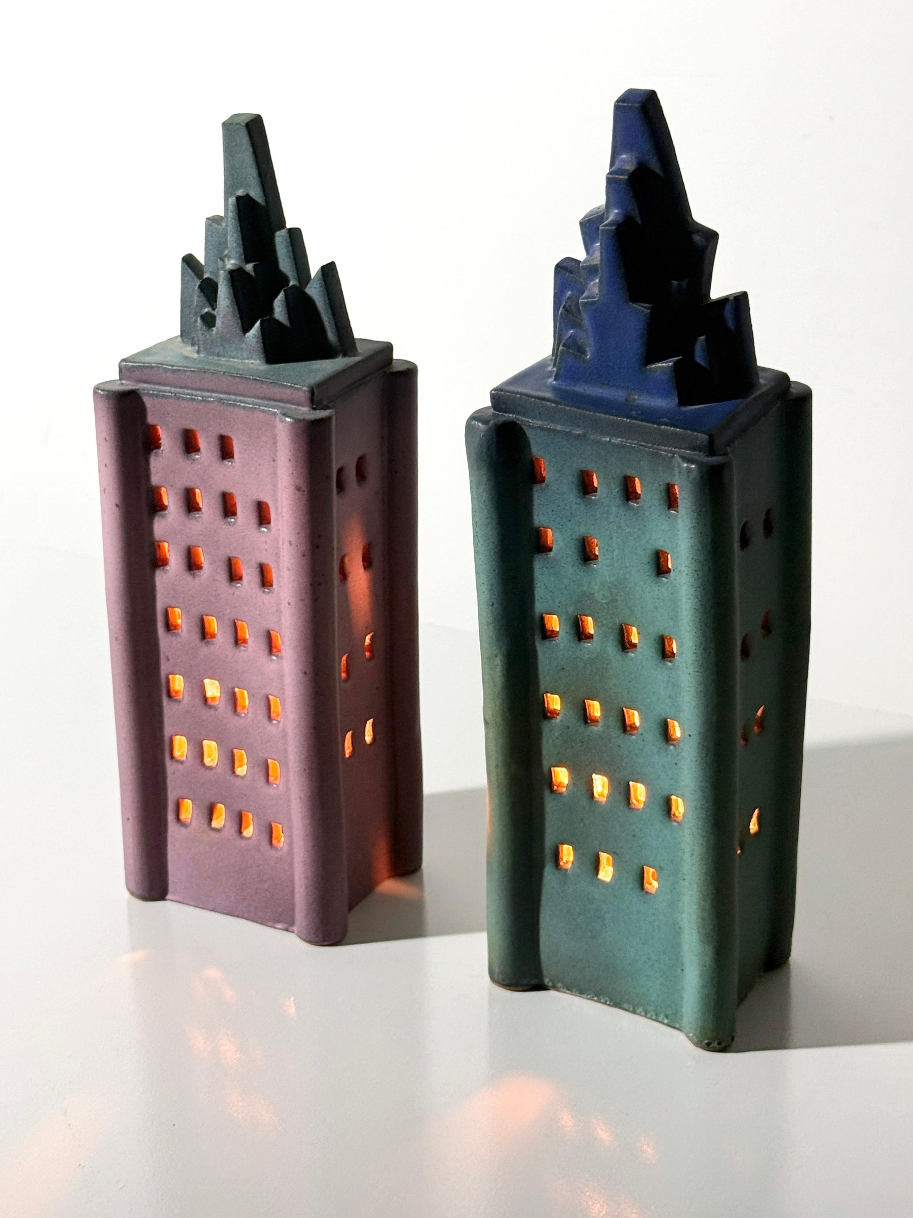 Pair Ceramic Skyscraper Building Sculpture Lamps by Doug Spalding Studio Pottery For Sale 2
