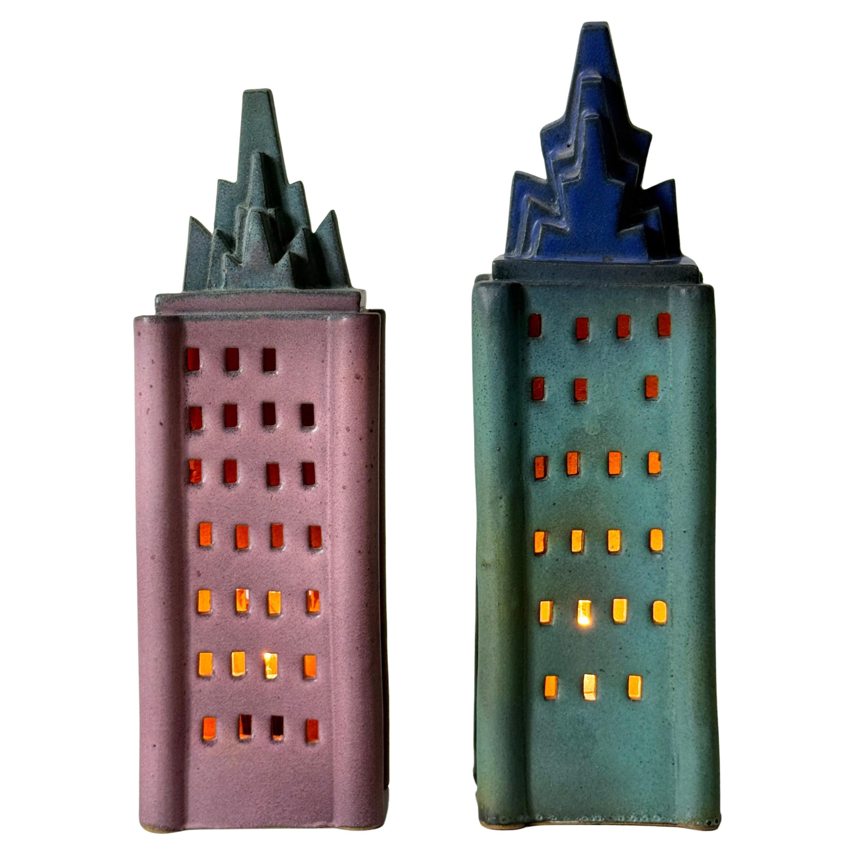 Pair Ceramic Skyscraper Building Sculpture Lamps by Doug Spalding Studio Pottery For Sale