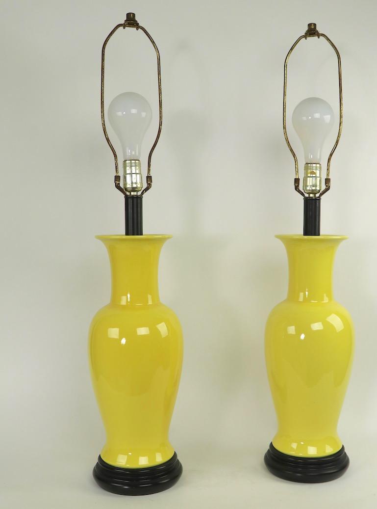20th Century Pair of Ceramic Table Lamps in Bright Yellow Glaze Attributed to Warren Kessler For Sale