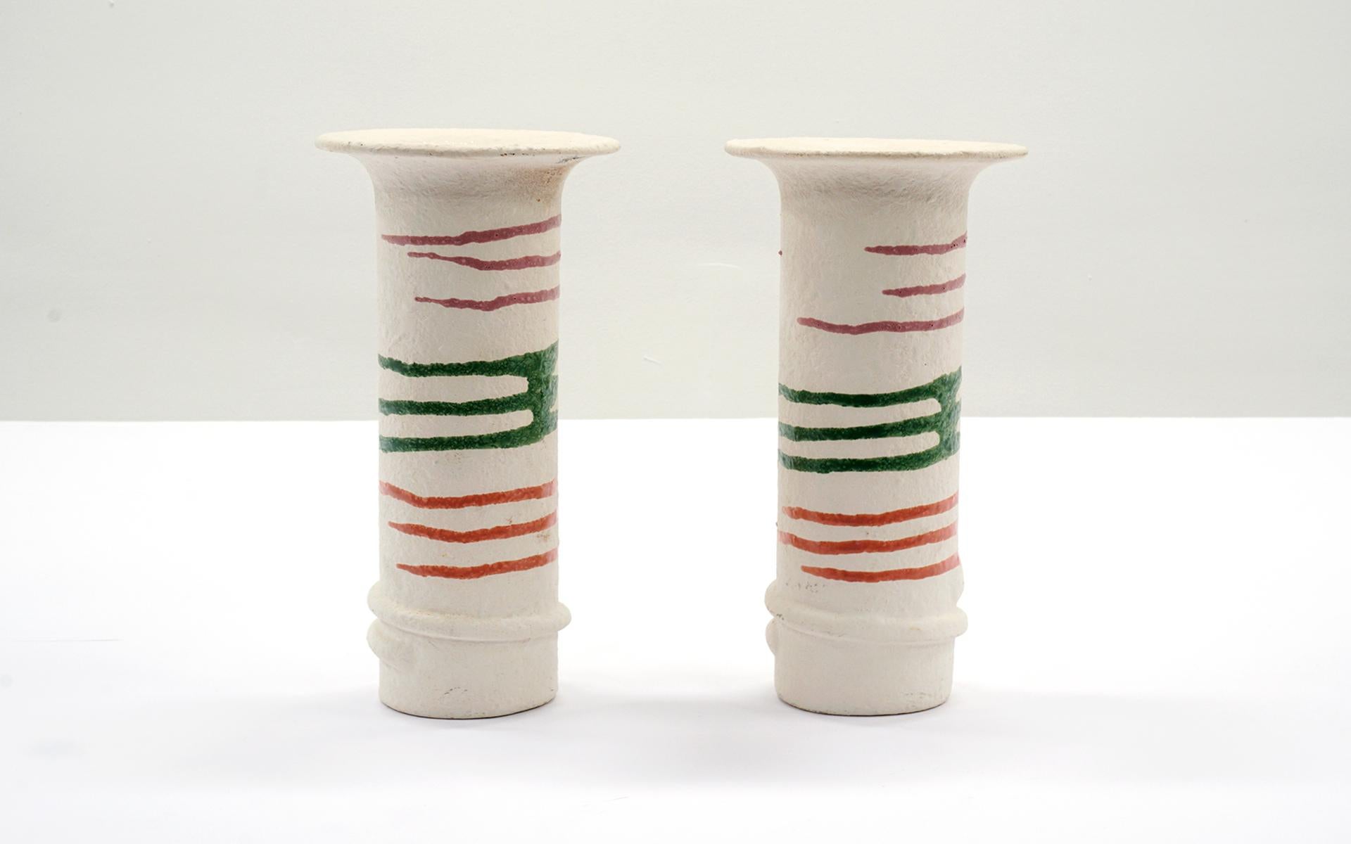 Modern Pair of Ceramic Vases, Textured White with Orange, Green and Red, 1980s