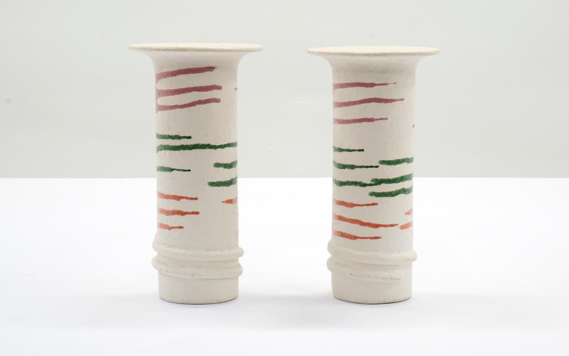 American Pair of Ceramic Vases, Textured White with Orange, Green and Red, 1980s